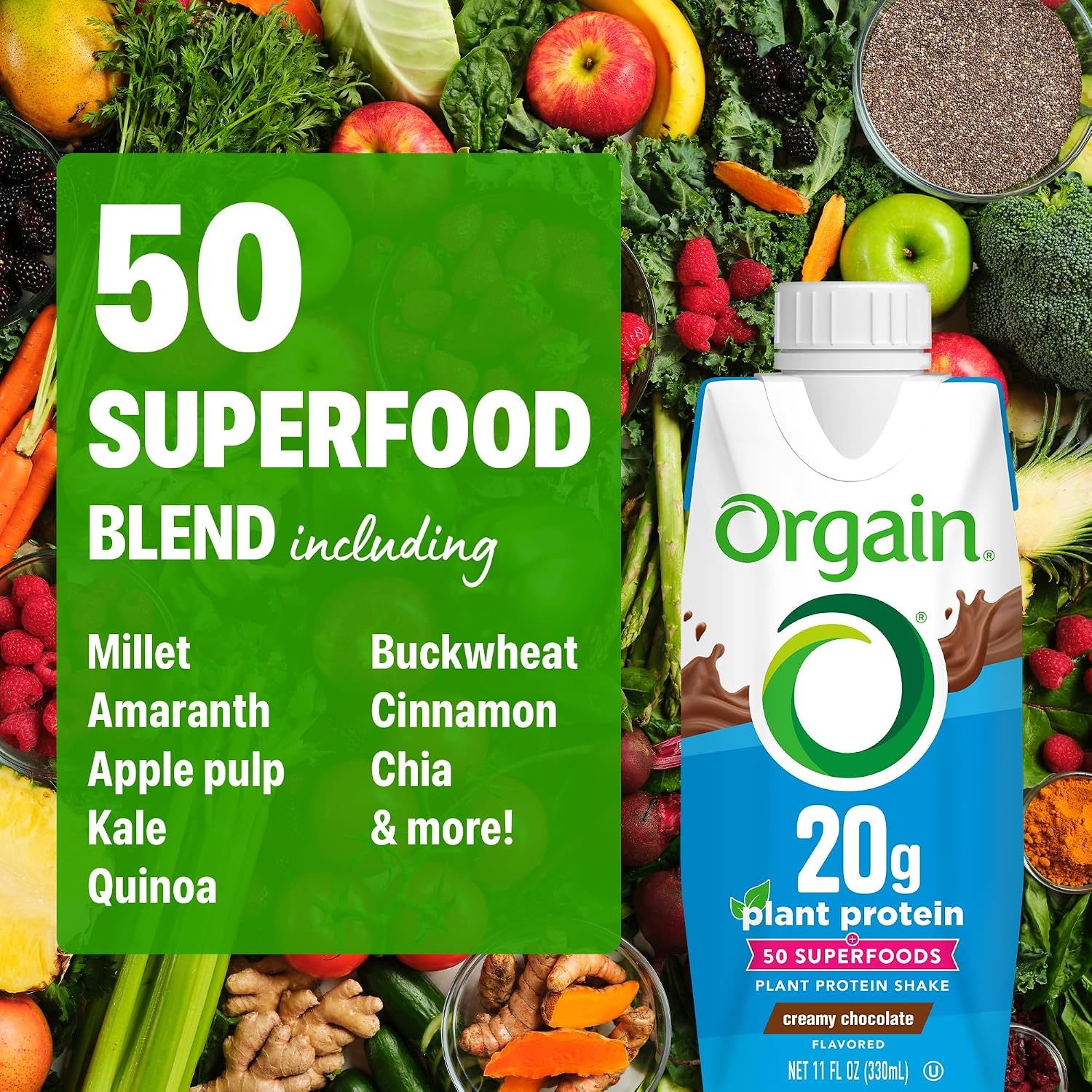 image:imageOrgain 20g Vegan Protein Shake 50 Superfoods Chocolate 11 oz 12pkPlant Protein Superfoods