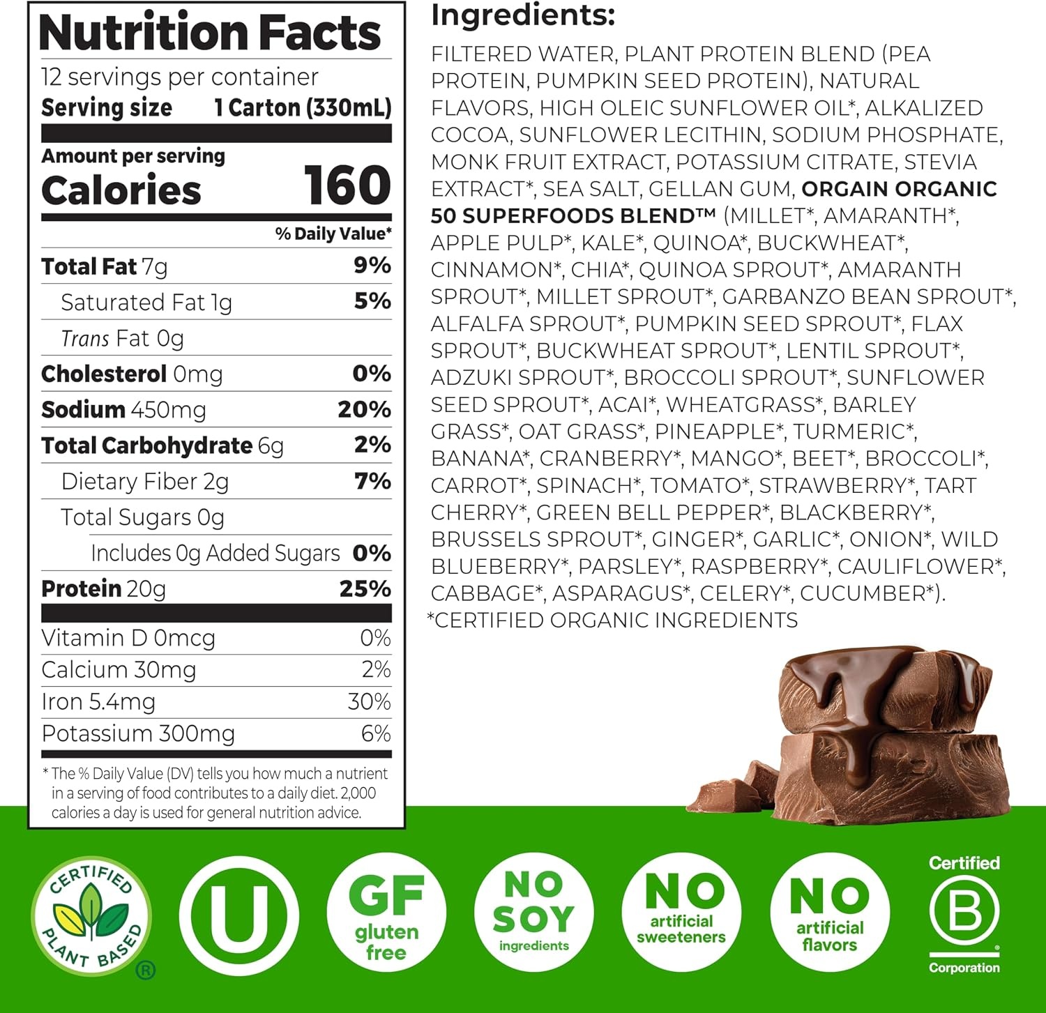 image:imageOrgain 20g Vegan Protein Shake 50 Superfoods Chocolate 11 oz 12pkPlant Protein Superfoods