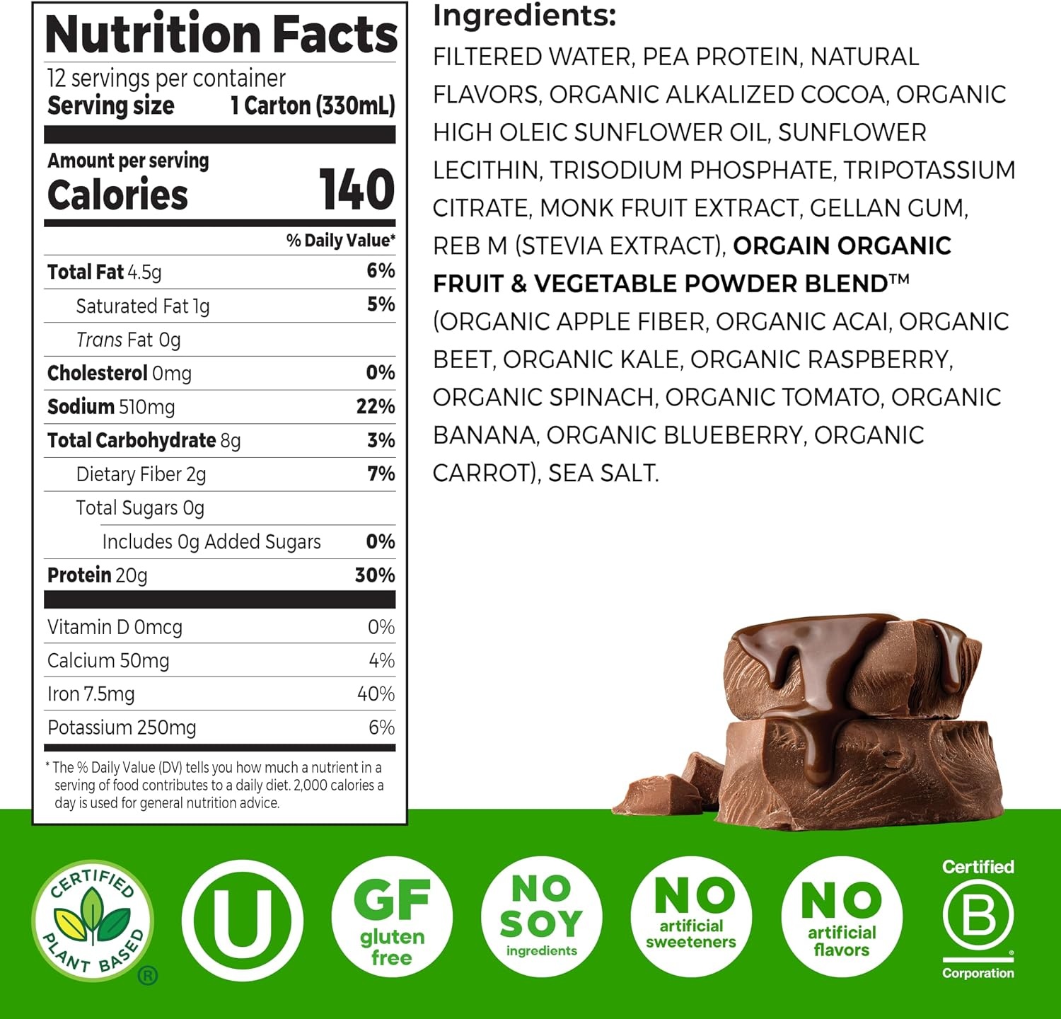 image:imageOrgain 20g Vegan Protein Shake 50 Superfoods Chocolate 11 oz 12pkPlant Protein