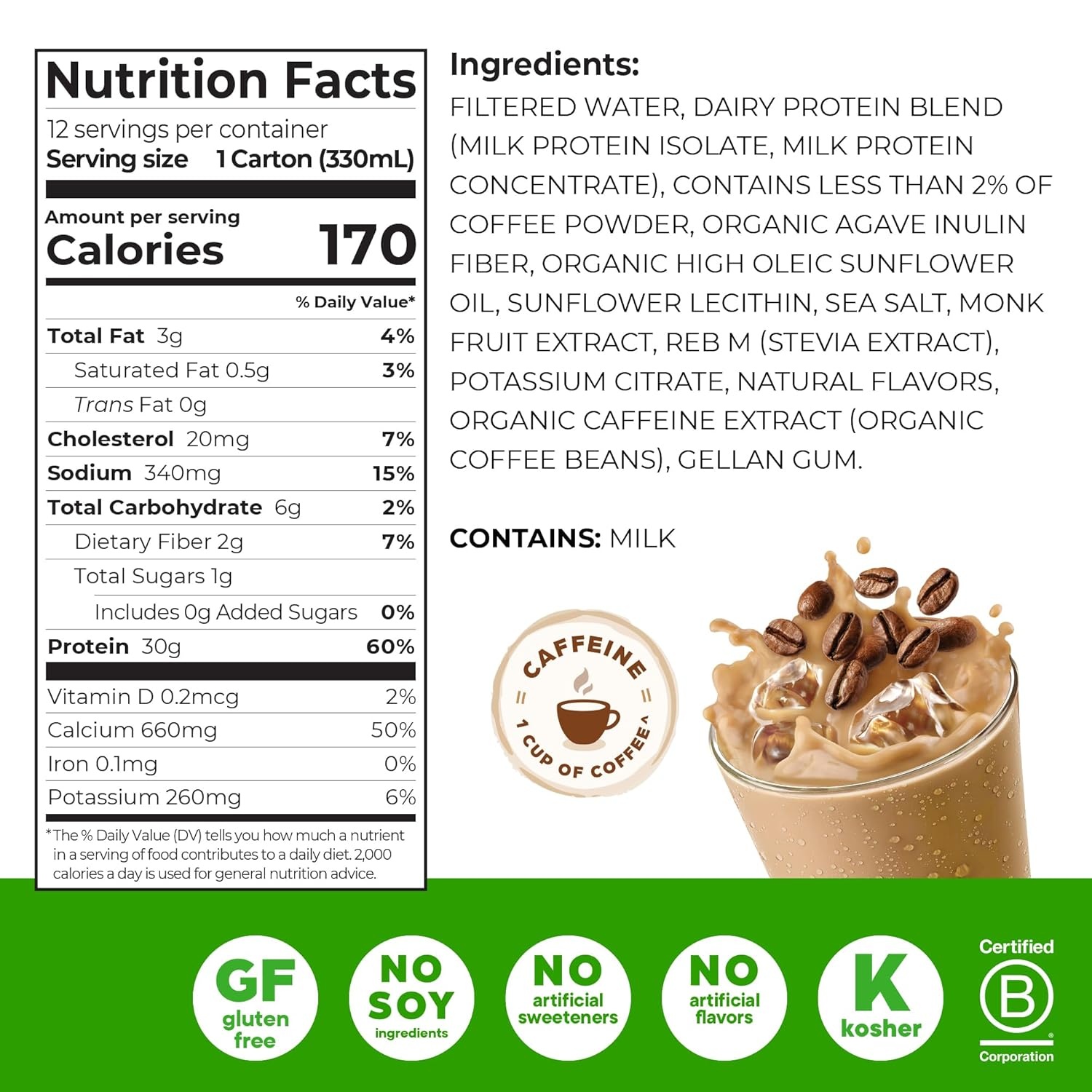 image:imageOrgain 30g High Protein Dairy Shake 5g BCAAs Caf Latte 11 oz 12pkCafe Latte