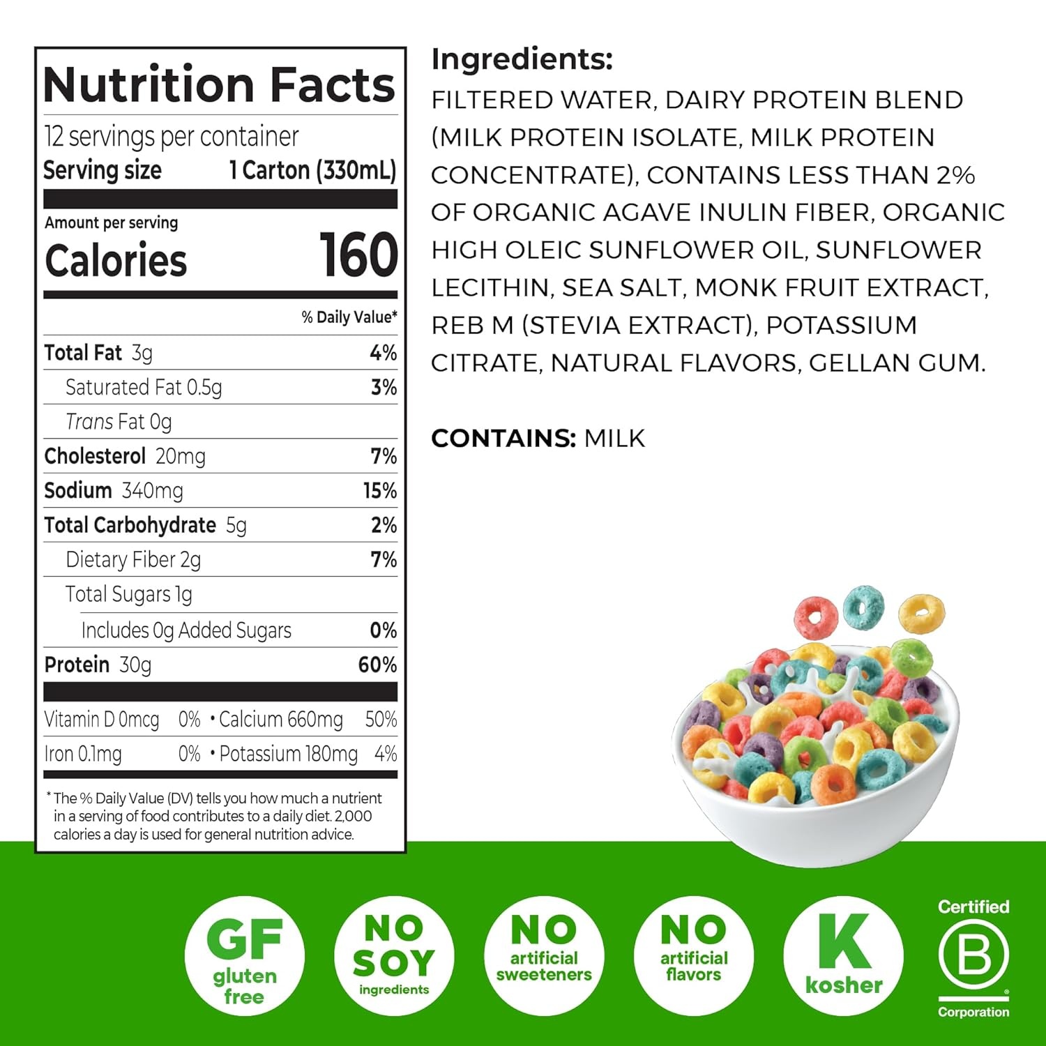 image:imageOrgain 30g High Protein Dairy Shake 5g BCAAs Caf Latte 11 oz 12pkFruity Cereal