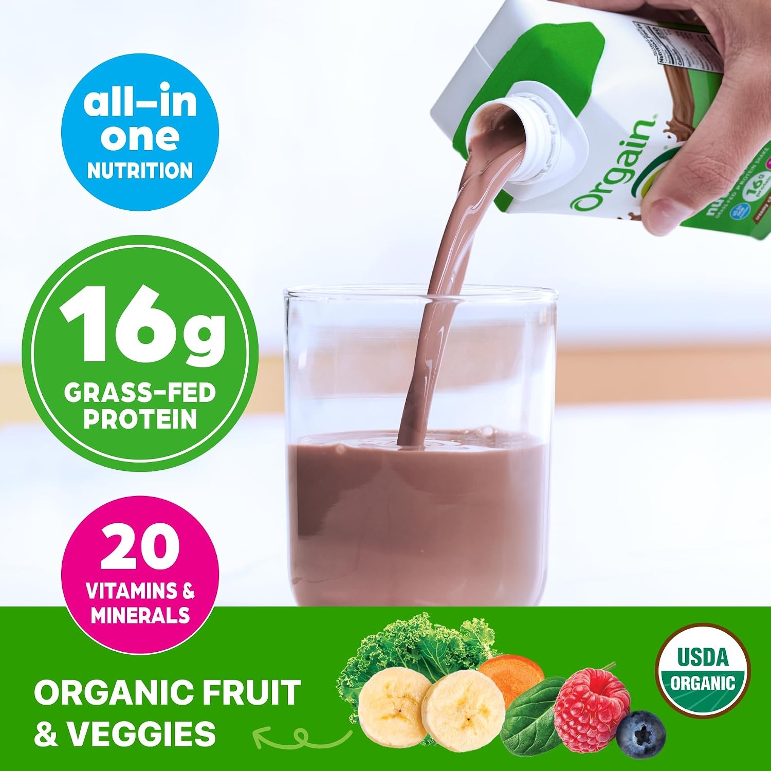 image:imageOrgain Organic Grass Fed Dairy 16g Protein Shake Chocolate 11oz 4pk