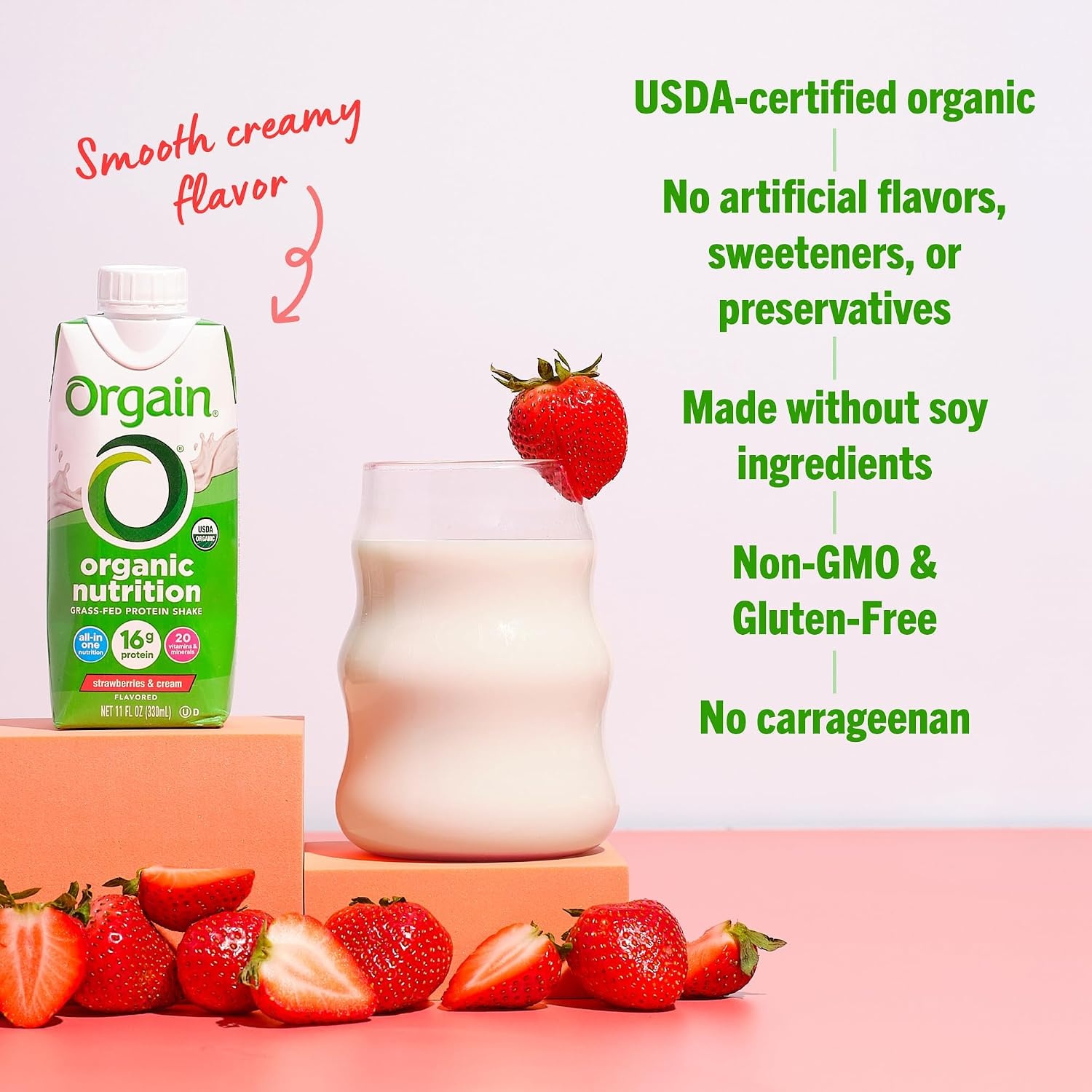 image:imageOrgain Organic Grass Fed Dairy 16g Protein Shake Strawberry 11oz 12pkStrawberries Cream