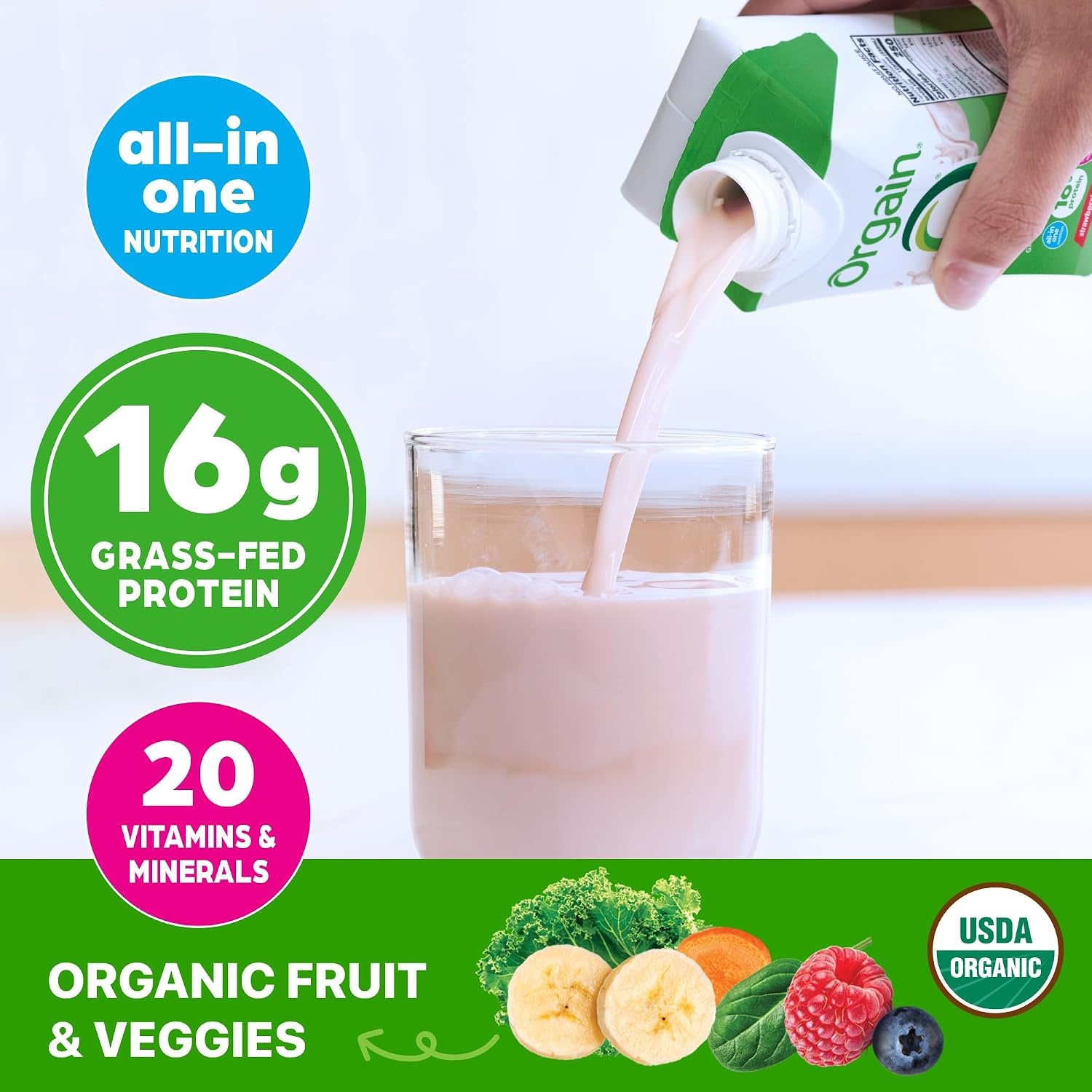 image:imageOrgain Organic Grass Fed Dairy 16g Protein Shake Strawberry 11oz 12pkStrawberries Cream