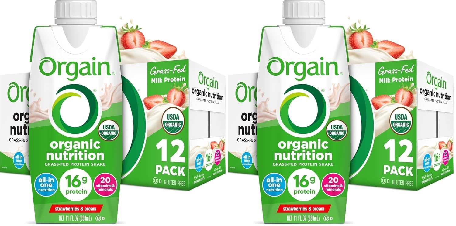 image:imageOrgain Organic Grass Fed Dairy 16g Protein Shake Strawberry 11oz 12pkStrawberries Cream