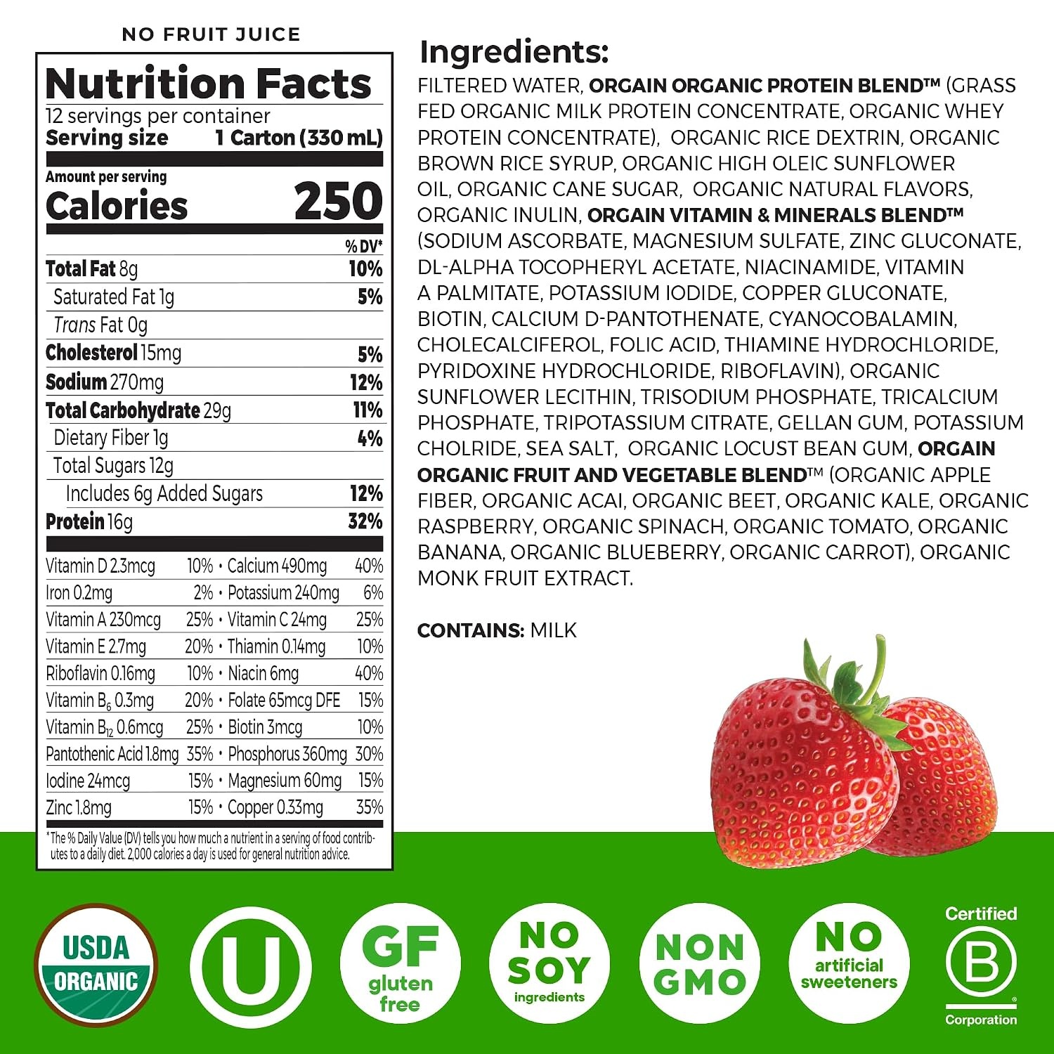 image:imageOrgain Organic Grass Fed Dairy 16g Protein Shake Strawberry 11oz 12pkStrawberries Cream