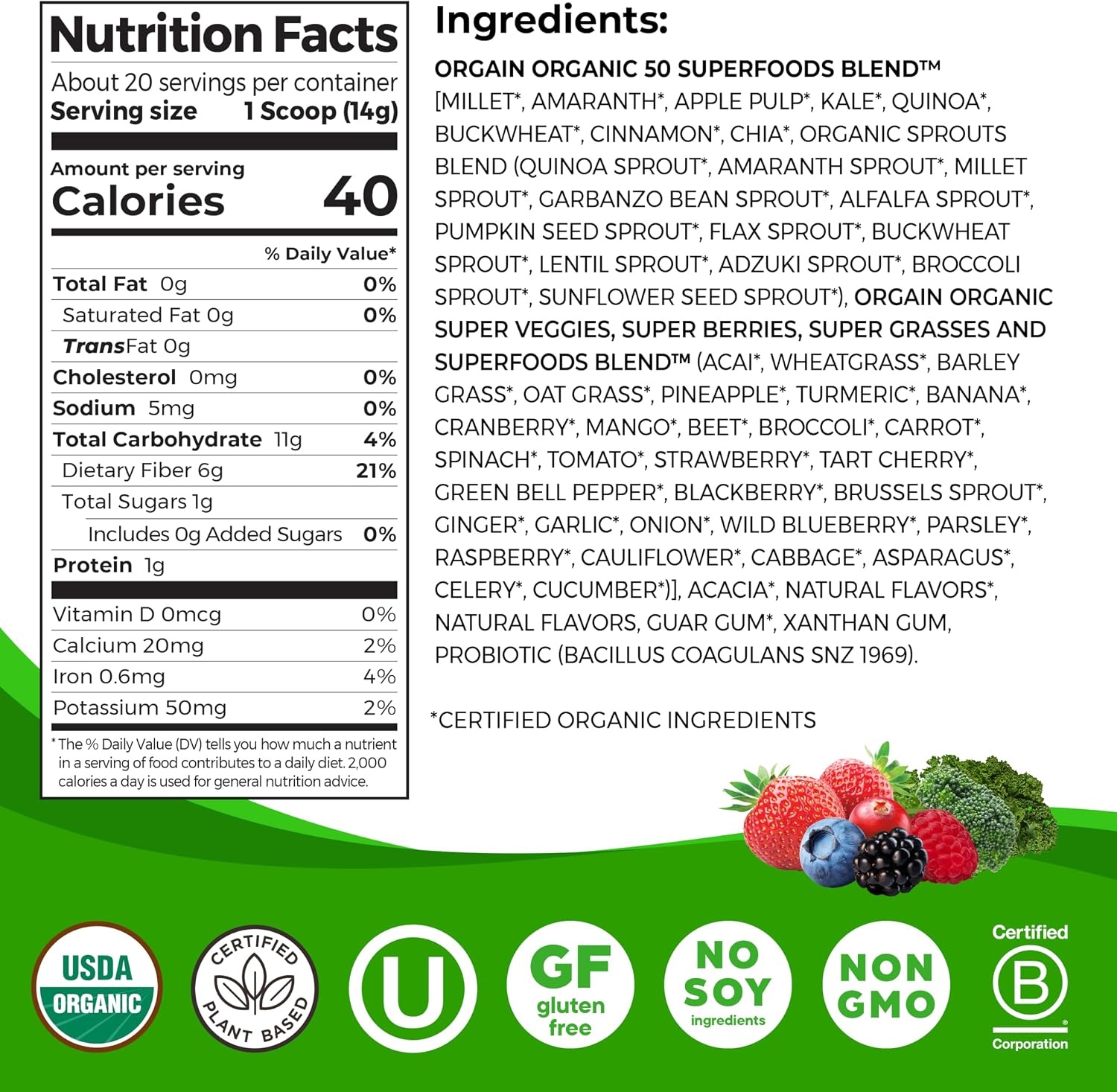 image:imageOrgain Organic Greens Powder 50 Superfoods Probiotics Berry 062 lbBerry