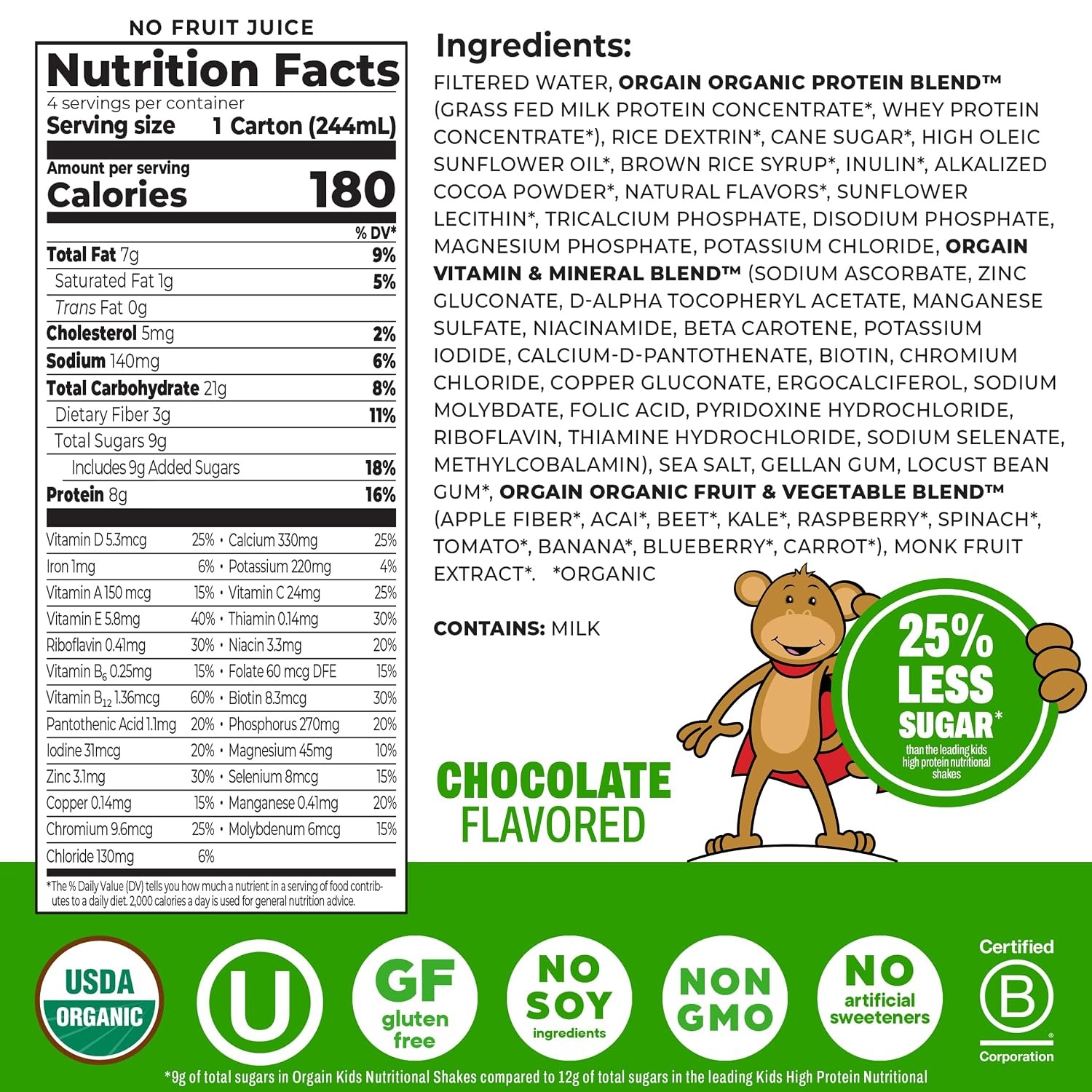 image:imageOrgain Organic Kids Dairy 8g Protein Shake Chocolate 825 oz 4pkChocolate