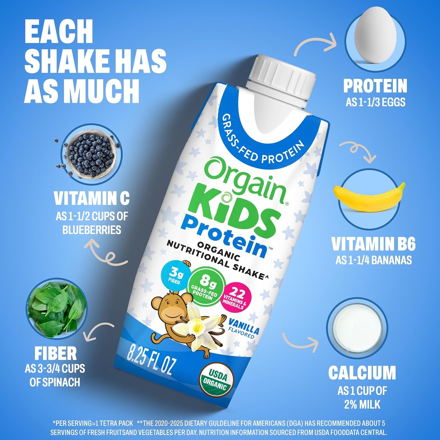 image:imageOrgain Organic Kids Dairy 8g Protein Shake Chocolate 825 oz 4pkVanilla