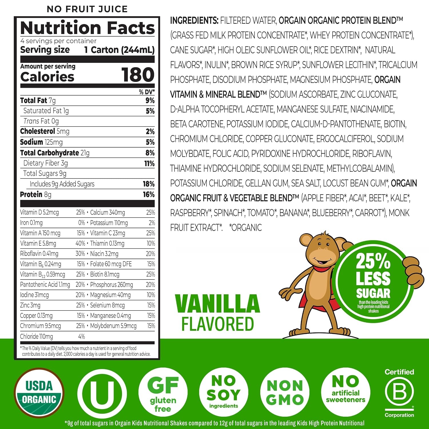 image:imageOrgain Organic Kids Dairy 8g Protein Shake Chocolate 825 oz 4pkVanilla