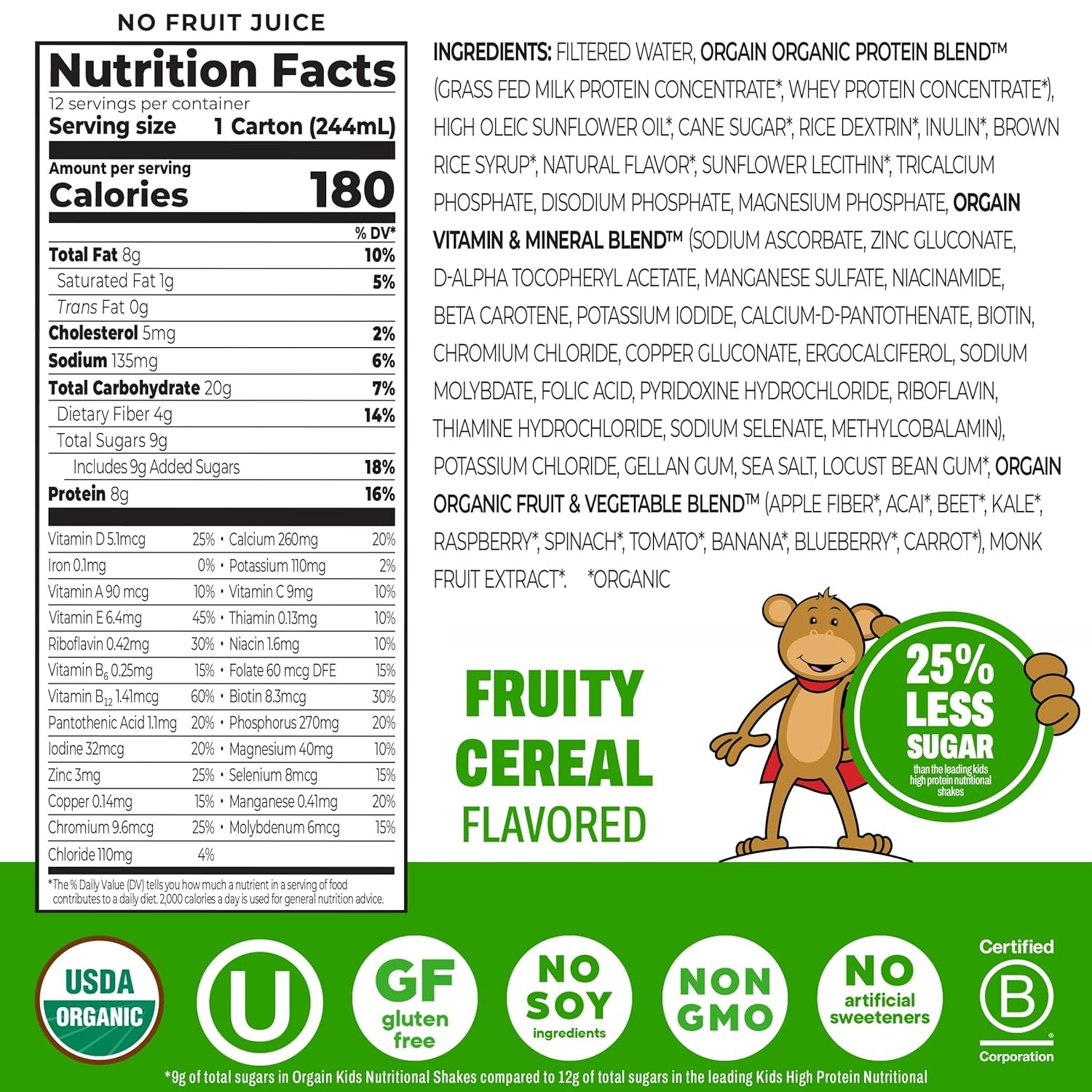 image:imageOrgain Organic Kids Dairy 8g Protein Shake Fruity Cereal 825 oz 12pkFruity Cereal