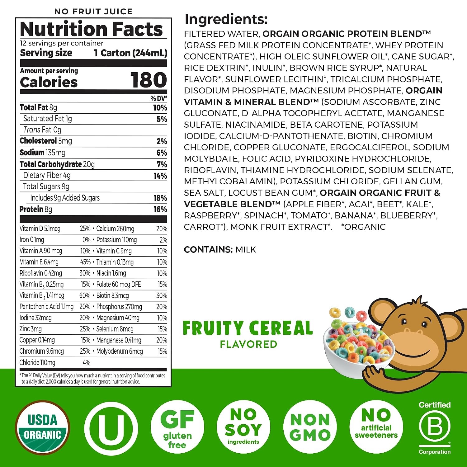 image:imageOrgain Organic Kids Dairy 8g Protein Shake Fruity Cereal 825 oz 12pkFruity Cereal