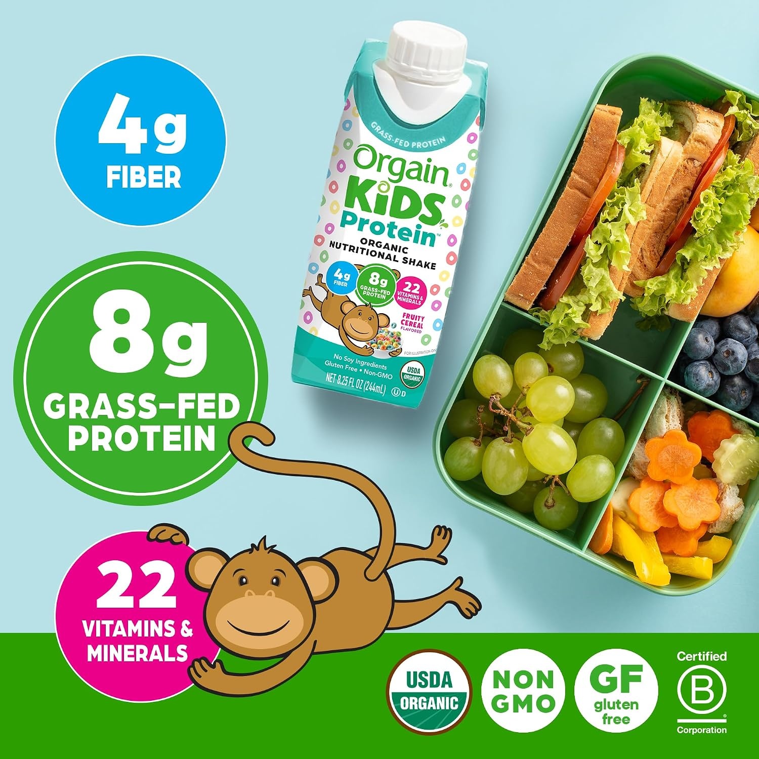 image:imageOrgain Organic Kids Dairy 8g Protein Shake Fruity Cereal 825 oz 12pkFruity Cereal
