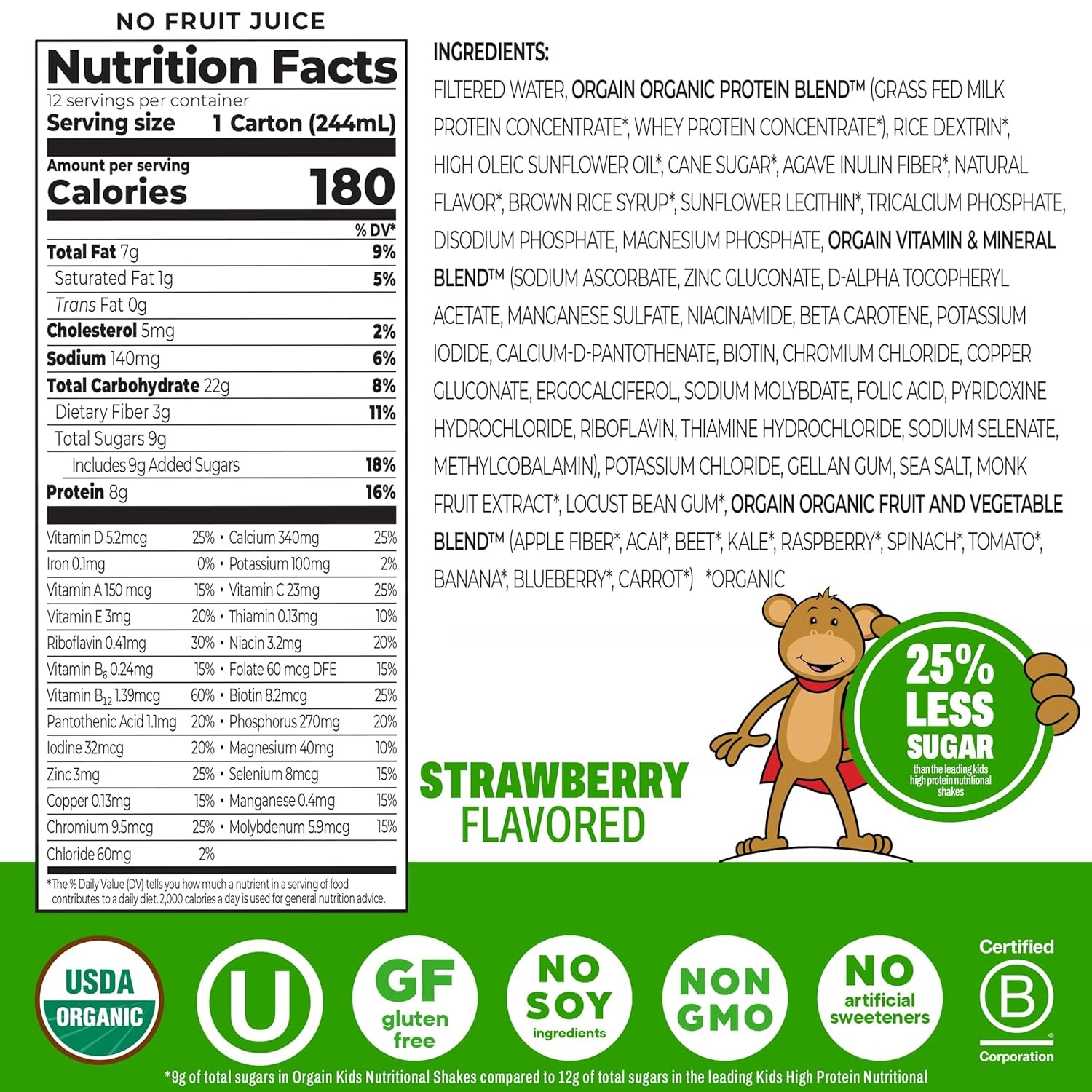 image:imageOrgain Organic Kids Dairy 8g Protein Shake Fruity Cereal 825 oz 12pkStrawberry