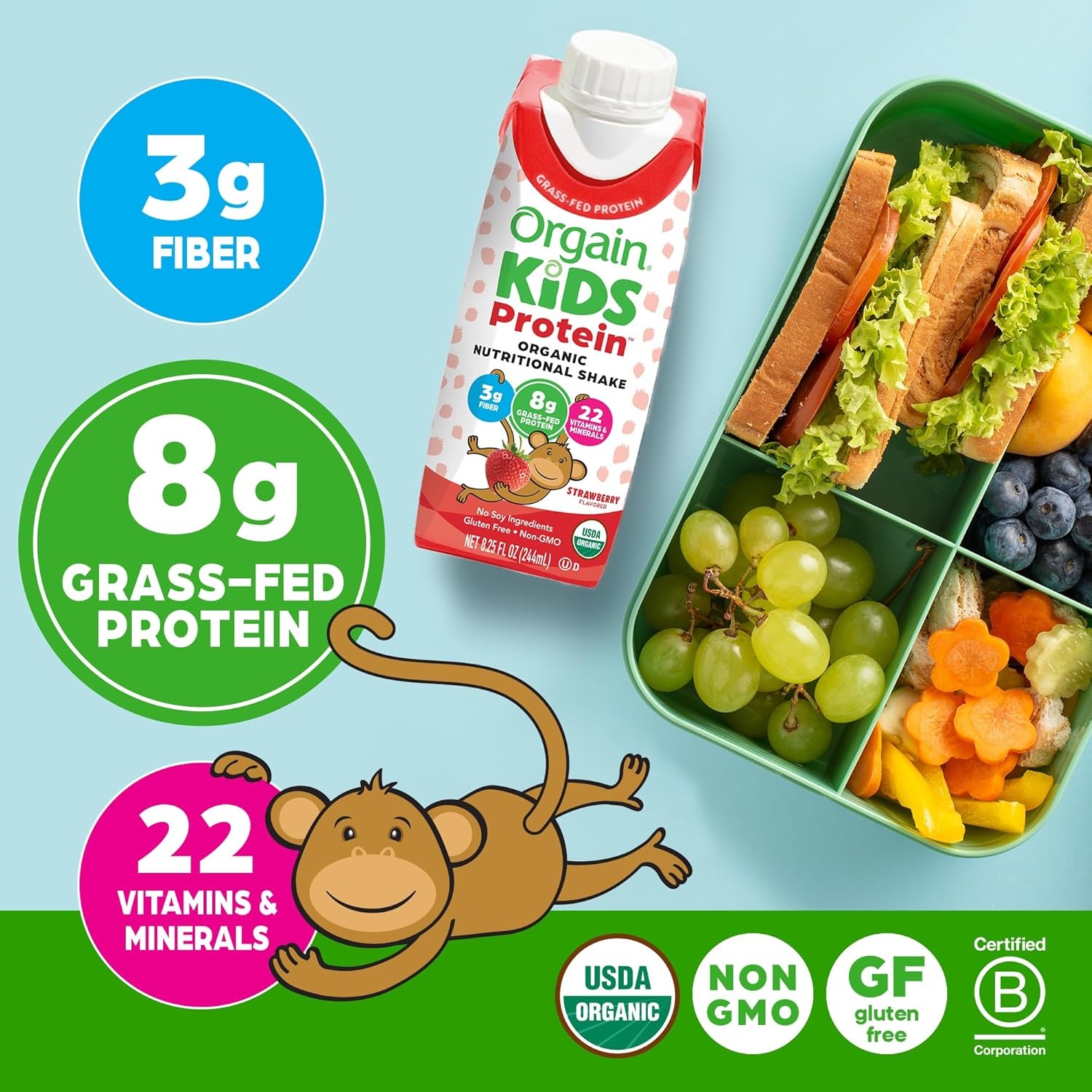 image:imageOrgain Organic Kids Dairy 8g Protein Shake Fruity Cereal 825 oz 12pkStrawberry