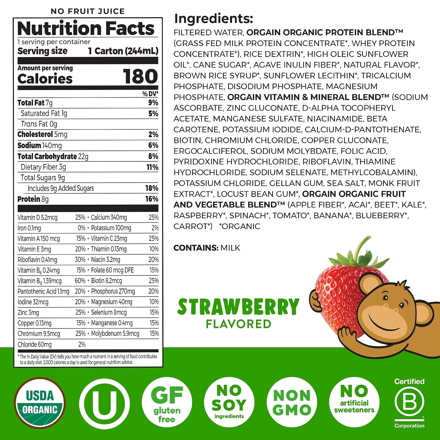 image:imageOrgain Organic Kids Dairy 8g Protein Shake Fruity Cereal 825 oz 12pkStrawberry