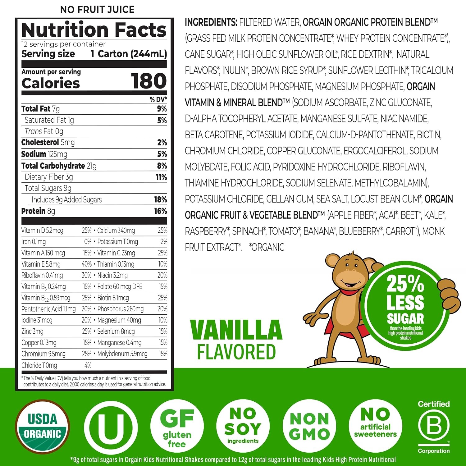 image:imageOrgain Organic Kids Dairy 8g Protein Shake Fruity Cereal 825 oz 12pkVanilla