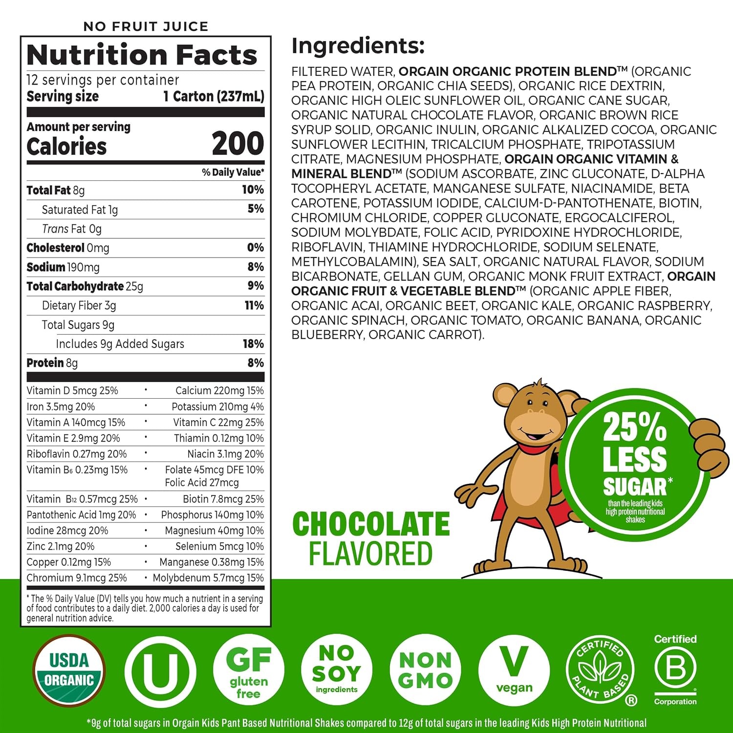 image:imageOrgain Organic Kids Nutritional Vegan Protein Shakes Chocolate Healthy Kids Snacks 8g Plant Protein 23 Vitamins amp Minerals 3g Fiber No Dairy amp Soy NonGMO 8 Fl Oz 12 Pack Packaging May VaryChocolate