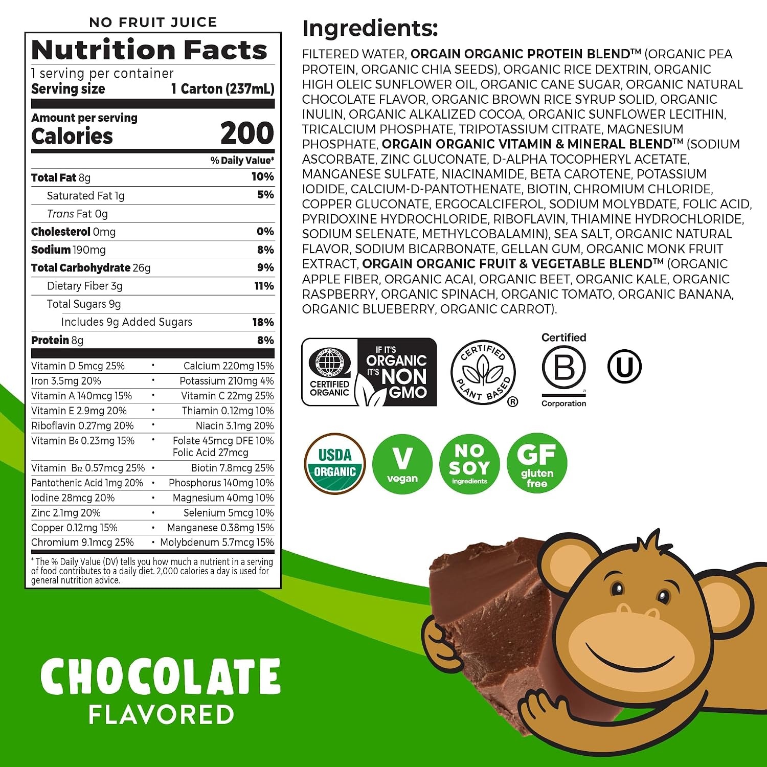 image:imageOrgain Organic Kids Nutritional Vegan Protein Shakes Chocolate Healthy Kids Snacks 8g Plant Protein 23 Vitamins amp Minerals 3g Fiber No Dairy amp Soy NonGMO 8 Fl Oz 12 Pack Packaging May VaryChocolate