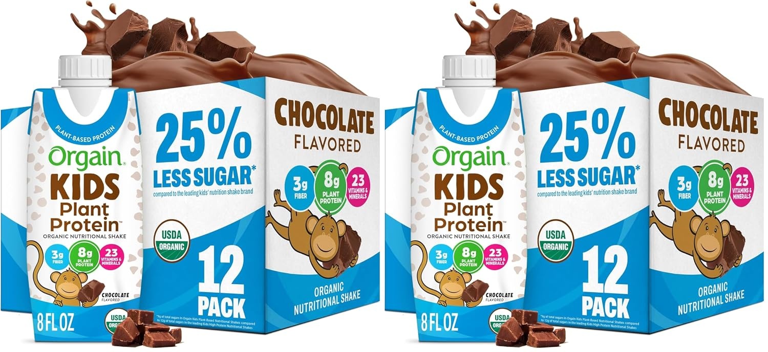 image:imageOrgain Organic Kids Nutritional Vegan Protein Shakes Chocolate Healthy Kids Snacks 8g Plant Protein 23 Vitamins amp Minerals 3g Fiber No Dairy amp Soy NonGMO 8 Fl Oz 12 Pack Packaging May VaryChocolate