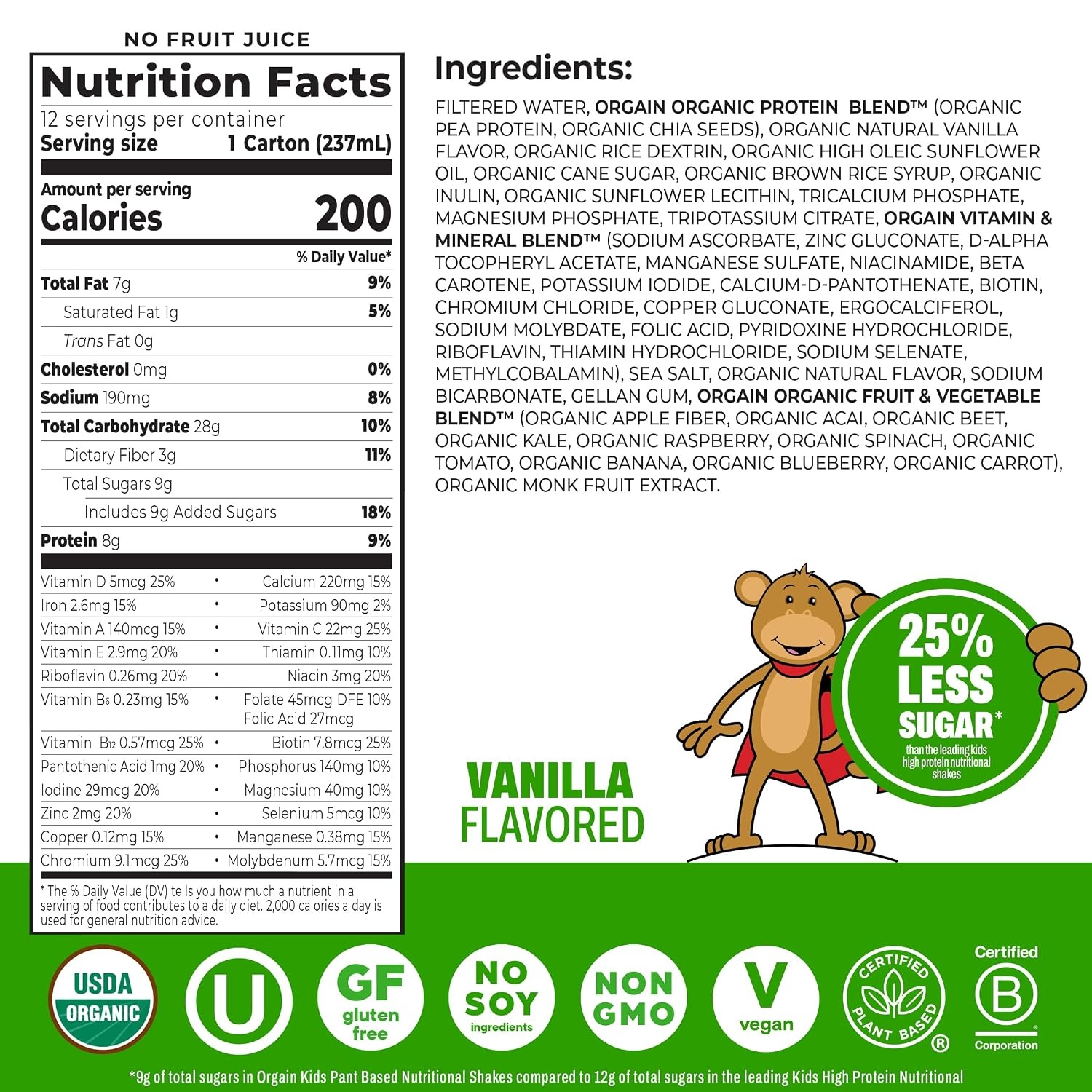 image:imageOrgain Organic Kids Nutritional Vegan Protein Shakes Vanilla Healthy Kids Snacks 8g Plant Protein 23 Vitamins amp Minerals 3g Fiber No Dairy amp Soy NonGMO 8 Fl Oz 12 Pack Packaging May Vary