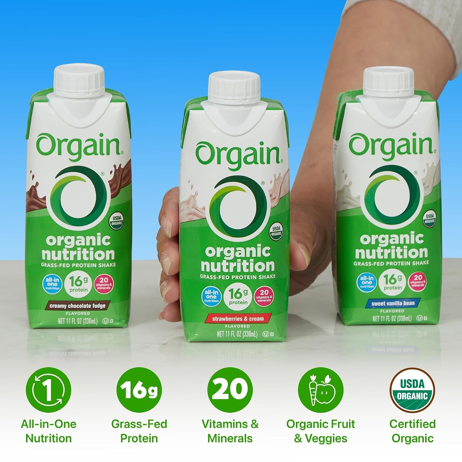 image:imageOrgain Organic Nutritional Protein Shake 16g Grass Fed Whey Protein Meal Replacement 20 Vitamins amp Minerals Fruits amp Vegetables Variety Pack Chocolate Vanilla Strawberry 11 Fl Oz 12 Pack