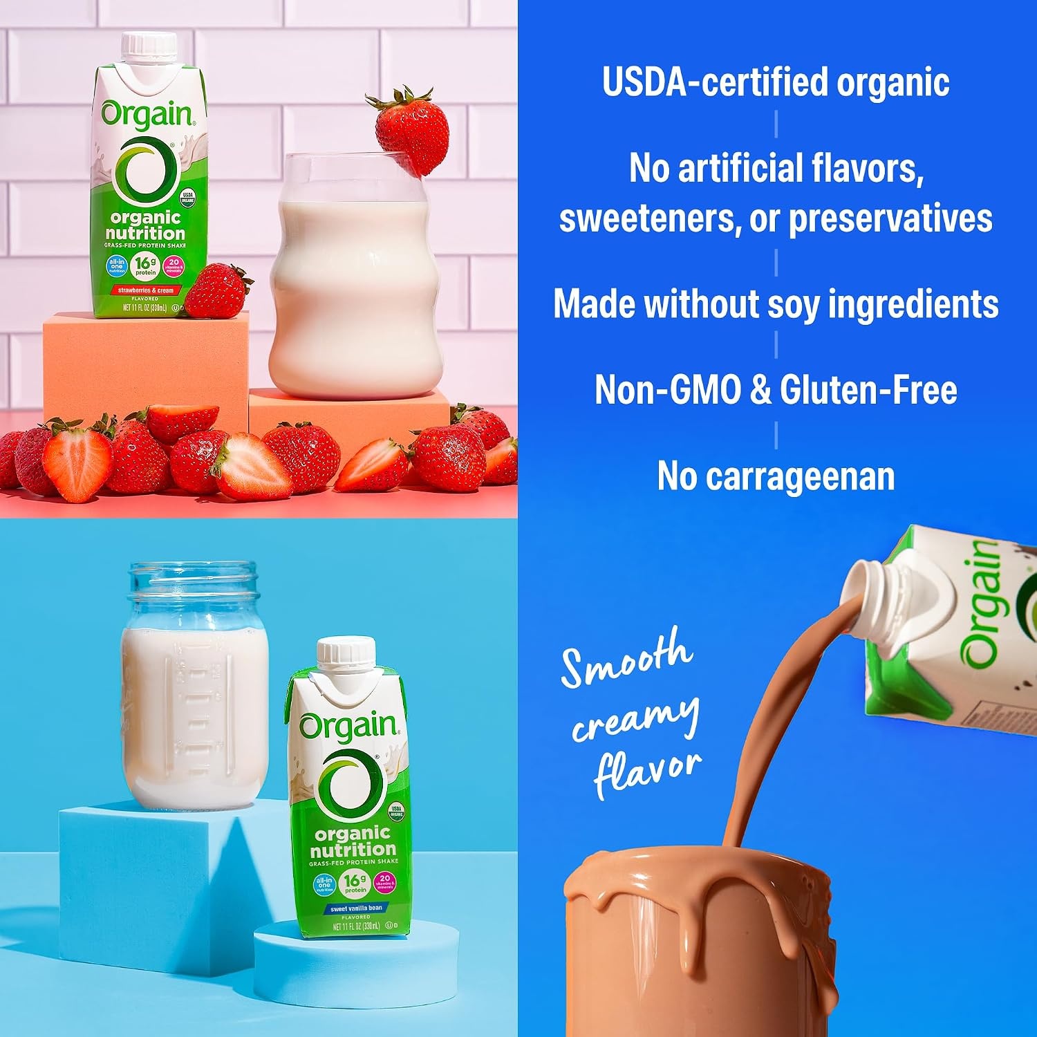 image:imageOrgain Organic Nutritional Protein Shake 16g Grass Fed Whey Protein Meal Replacement 20 Vitamins amp Minerals Fruits amp Vegetables Variety Pack Chocolate Vanilla Strawberry 11 Fl Oz 12 Pack