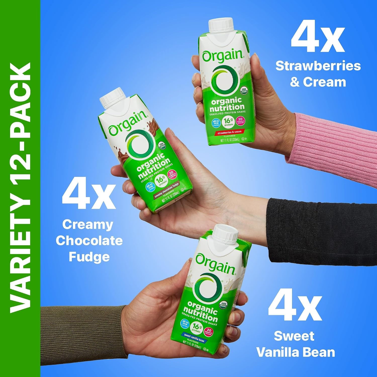 image:imageOrgain Organic Nutritional Protein Shake 16g Grass Fed Whey Protein Meal Replacement 20 Vitamins amp Minerals Fruits amp Vegetables Variety Pack Chocolate Vanilla Strawberry 11 Fl Oz 12 Pack
