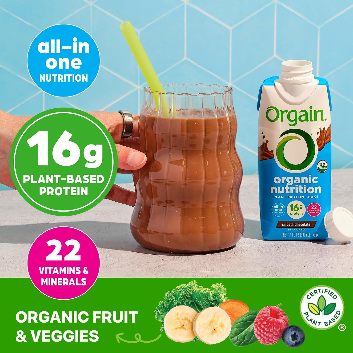 image:imageOrgain Organic Nutritional Vegan 16g Protein Shake Chocolate 11 oz 12pkChocolate
