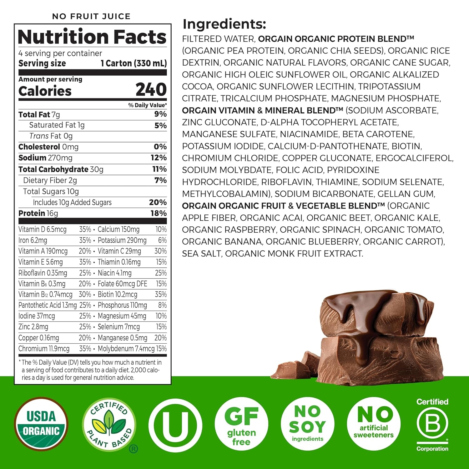 image:imageOrgain Organic Nutritional Vegan 16g Protein Shake Chocolate 11 oz 12pkChocolate