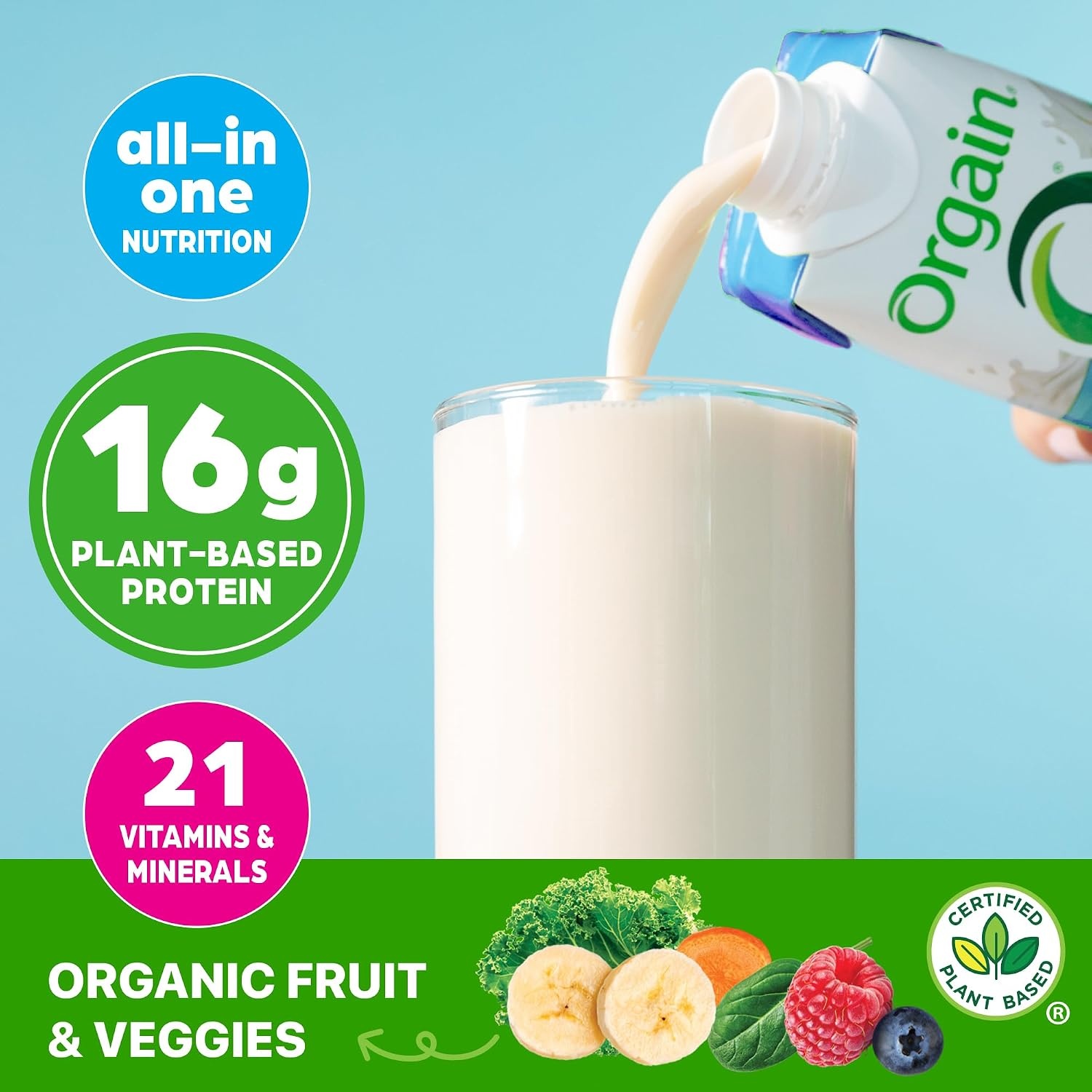 image:imageOrgain Organic Nutritional Vegan 16g Protein Shake Chocolate 11 oz 12pkVanilla