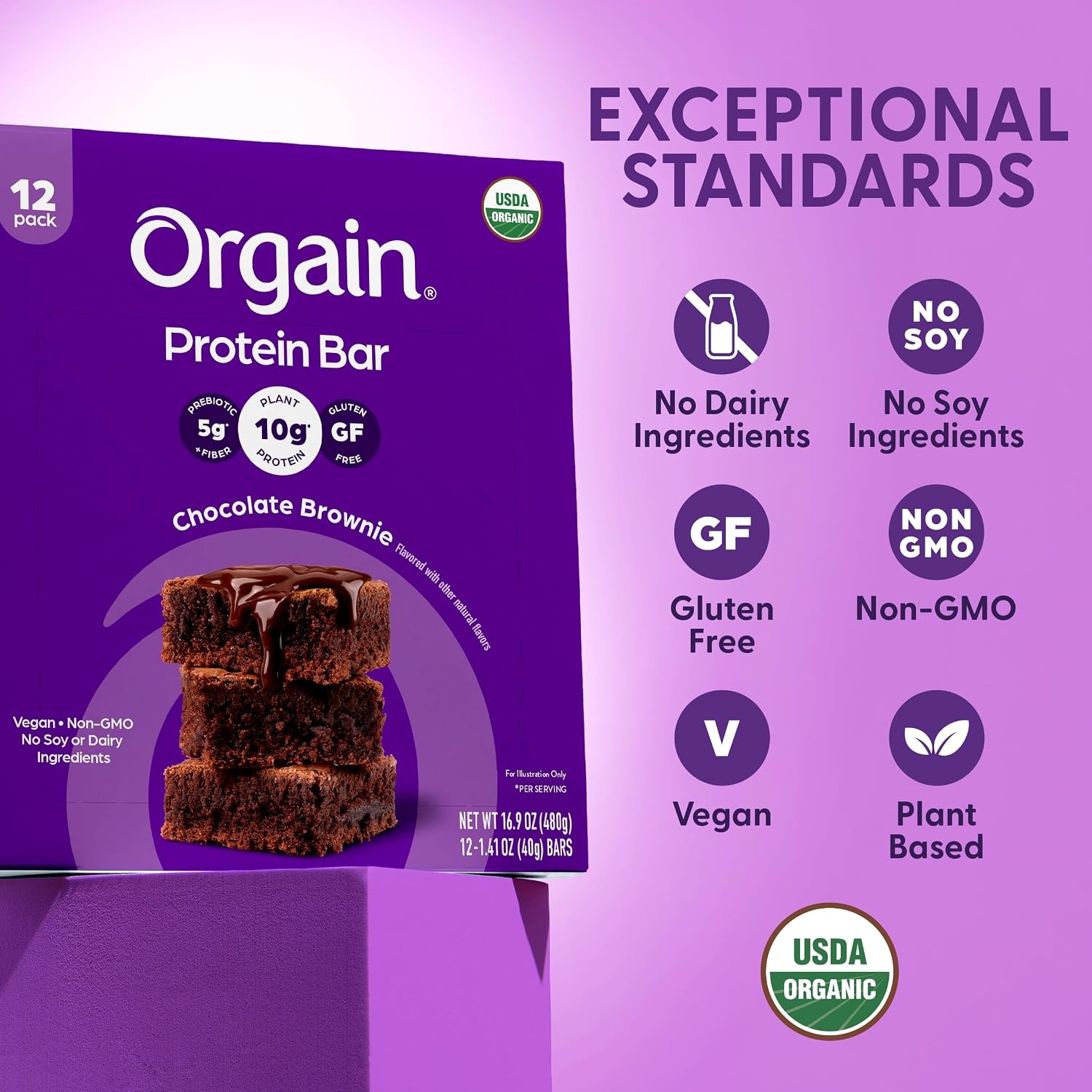 image:imageOrgain Organic Vegan 10g Protein Bars Peanut Butter 12 PkChocolate Brownie