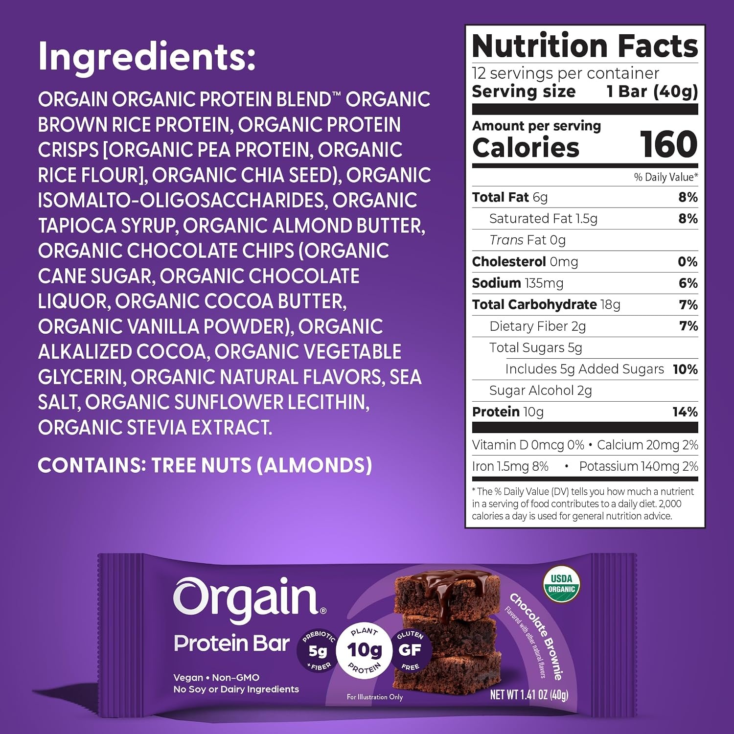image:imageOrgain Organic Vegan 10g Protein Bars Peanut Butter 12 PkChocolate Brownie
