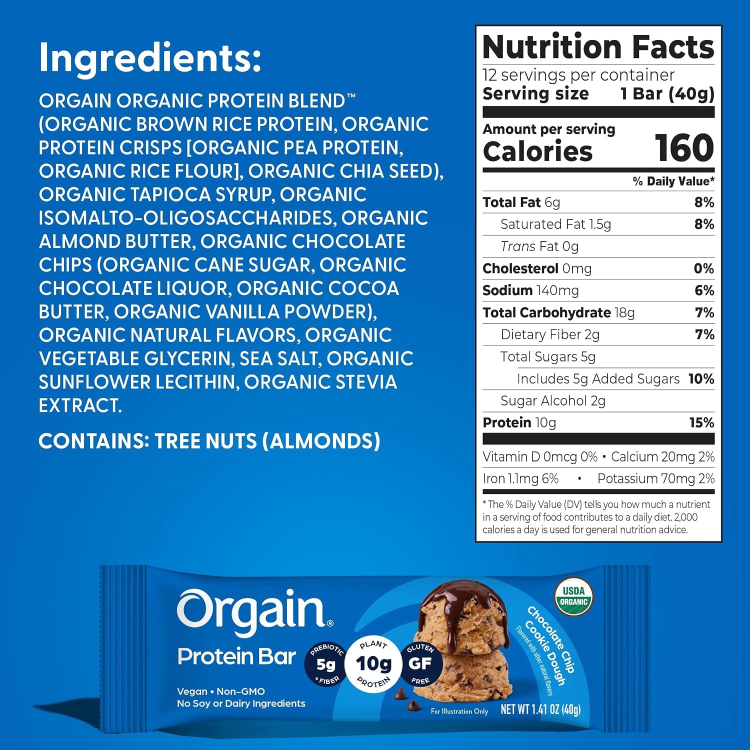 image:imageOrgain Organic Vegan 10g Protein Bars Peanut Butter 12 PkChocolate Chip Cookie Dough
