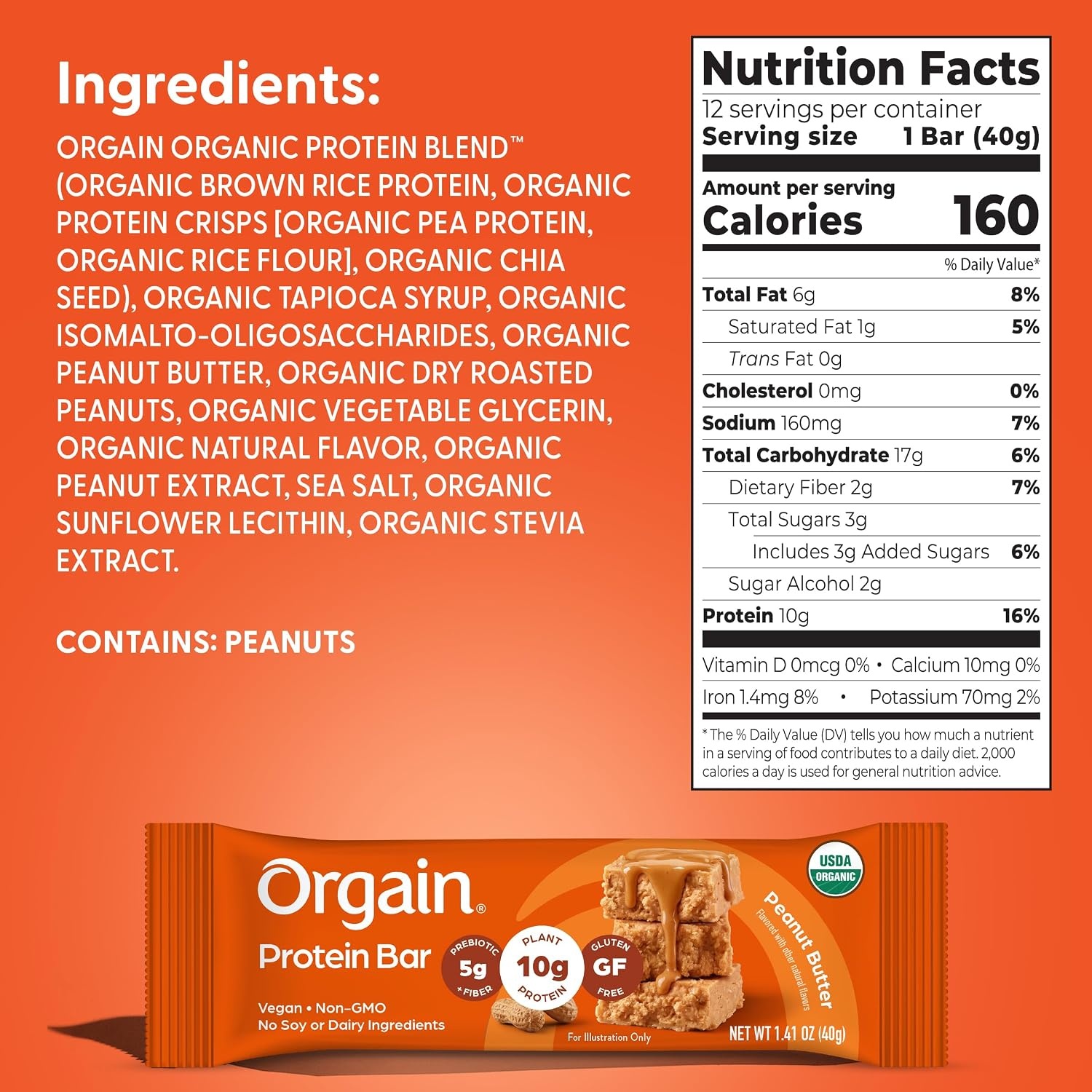 image:imageOrgain Organic Vegan 10g Protein Bars Peanut Butter 12 PkPeanut Butter