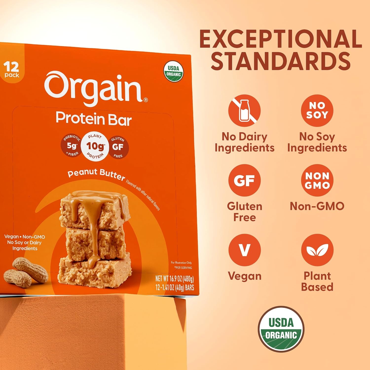 image:imageOrgain Organic Vegan 10g Protein Bars Peanut Butter 12 PkPeanut Butter