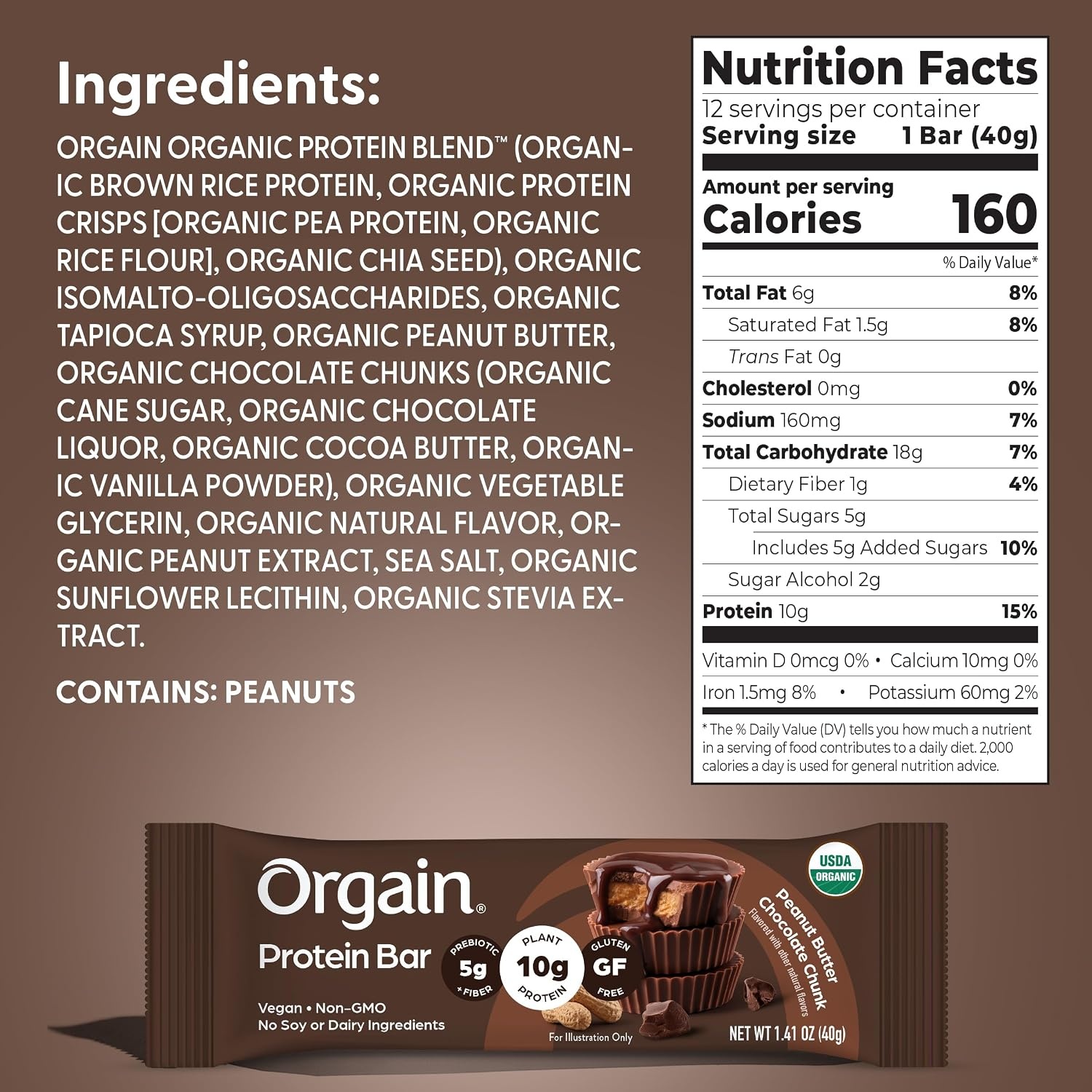 image:imageOrgain Organic Vegan 10g Protein Bars Peanut Butter 12 PkPeanut Butter Chocolate Chunk