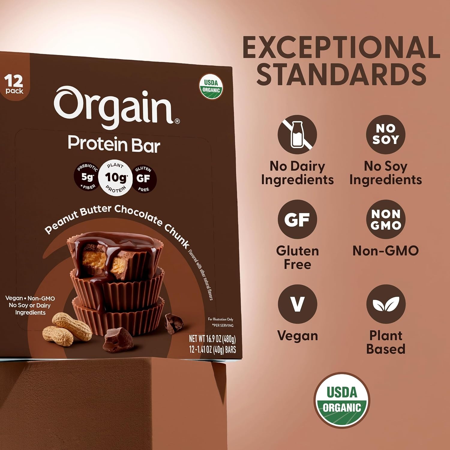 image:imageOrgain Organic Vegan 10g Protein Bars Peanut Butter 12 PkPeanut Butter Chocolate Chunk