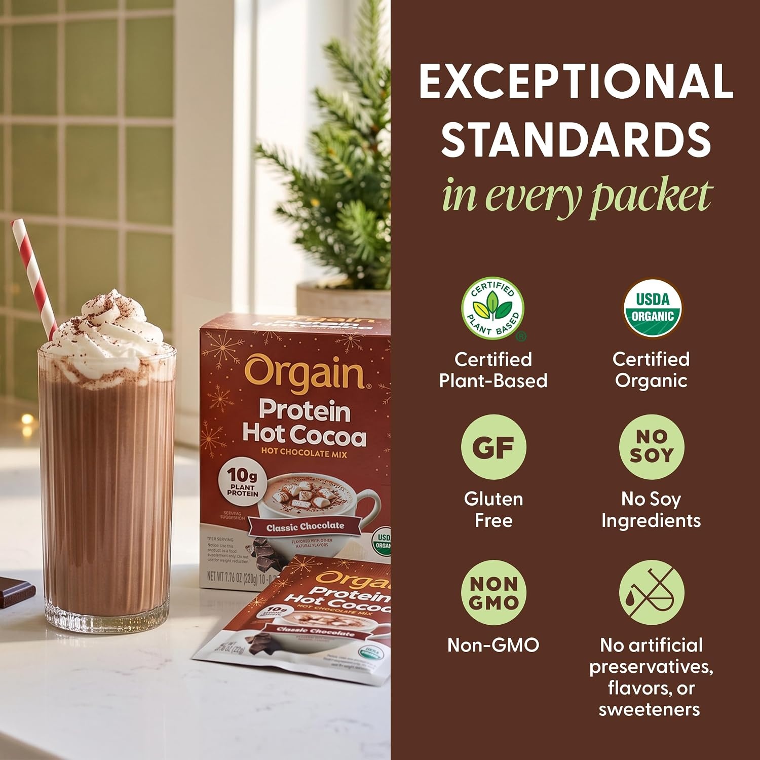 image:imageOrgain Organic Vegan 10g Protein Hot Cocoa Mix Chocolate 078 oz 10 Pack