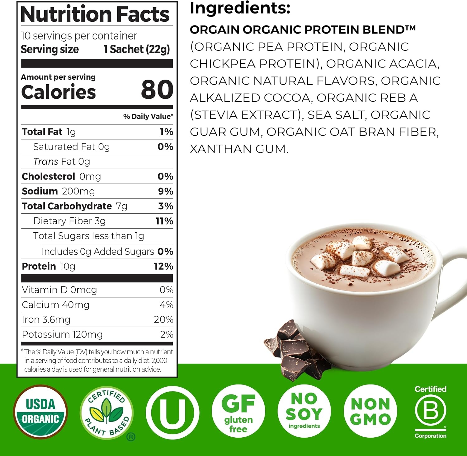 image:imageOrgain Organic Vegan 10g Protein Hot Cocoa Mix Chocolate 078 oz 10 Pack