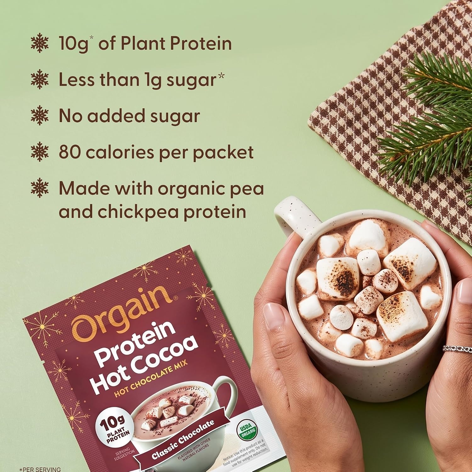 image:imageOrgain Organic Vegan 10g Protein Hot Cocoa Mix Chocolate 078 oz 10 Pack