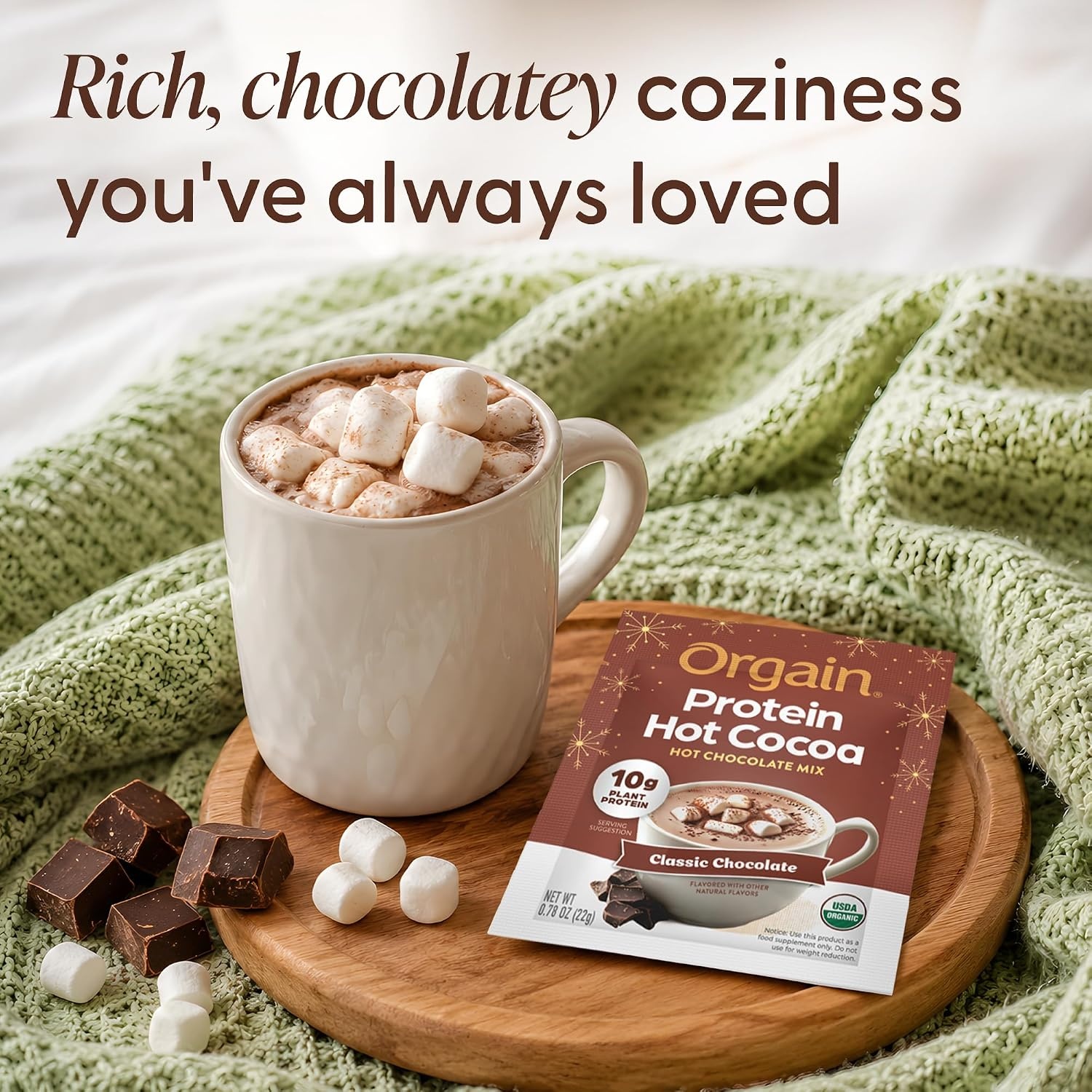 image:imageOrgain Organic Vegan 10g Protein Hot Cocoa Mix Chocolate 078 oz 10 Pack