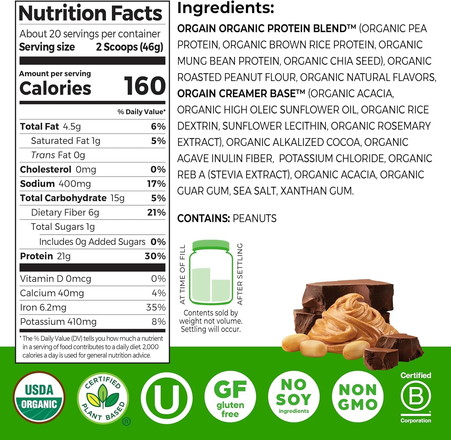 image:imageOrgain Organic Vegan 21g Protein Powder Birthday Cake 102 lbChocolate Peanut Butter