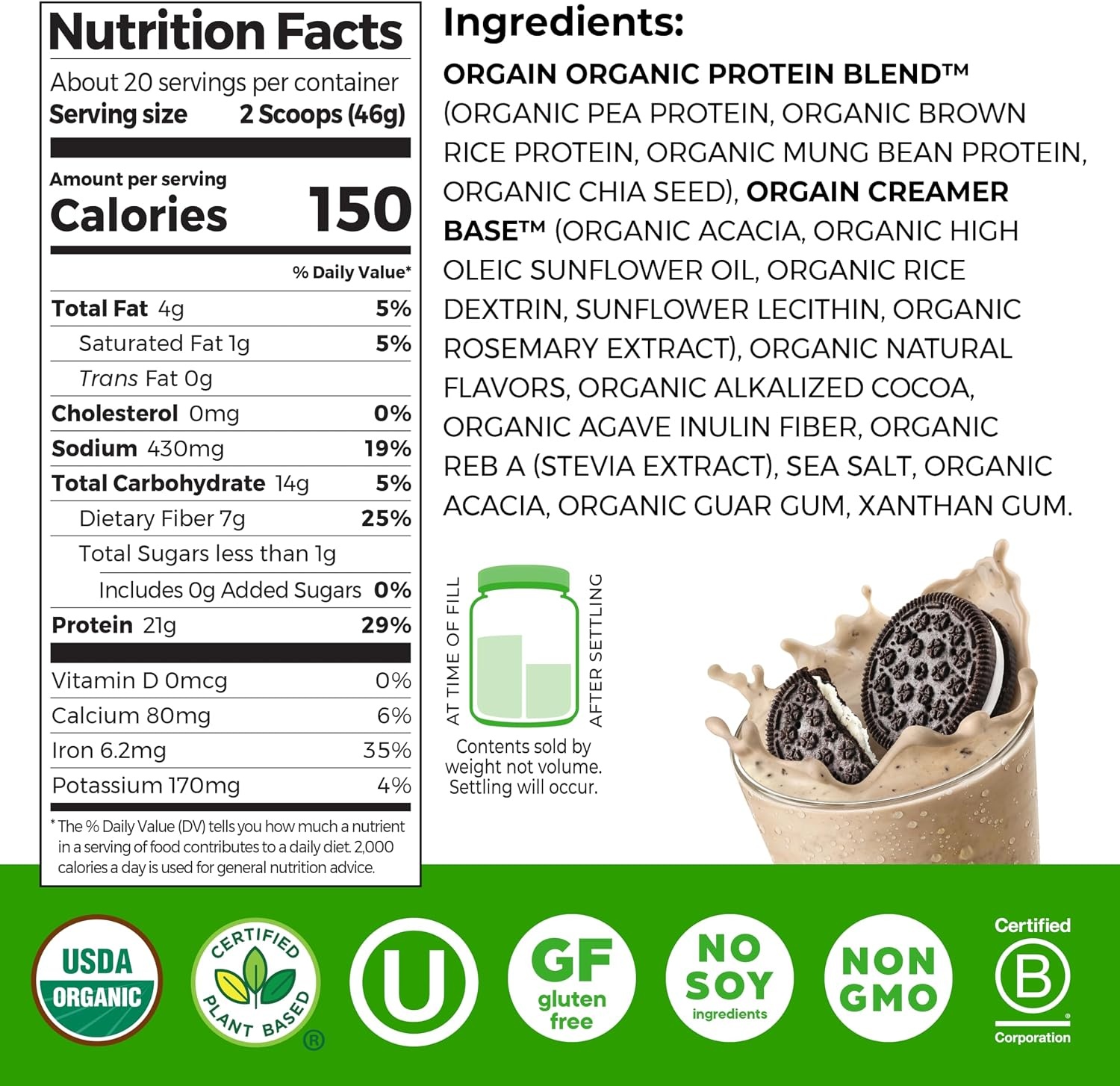 image:imageOrgain Organic Vegan 21g Protein Powder Birthday Cake 102 lbCookies Cream