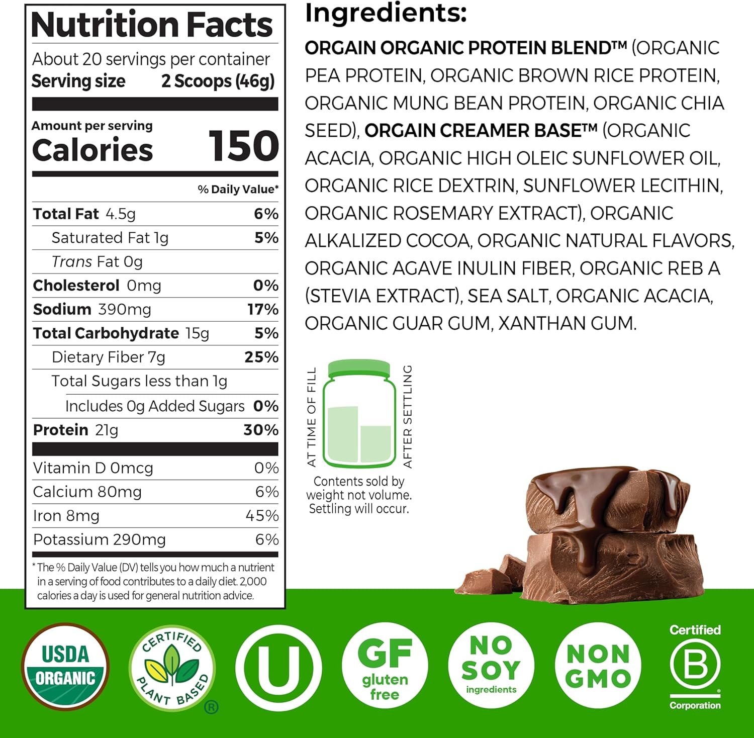 image:imageOrgain Organic Vegan 21g Protein Powder Birthday Cake 102 lbCreamy Chocolate Fudge