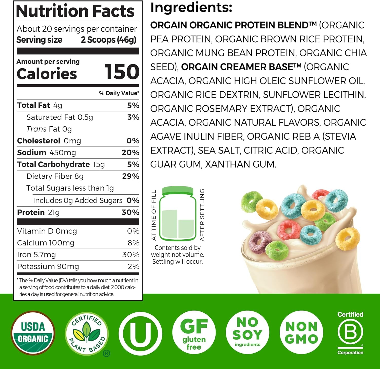 image:imageOrgain Organic Vegan 21g Protein Powder Birthday Cake 102 lbFruity Cereal