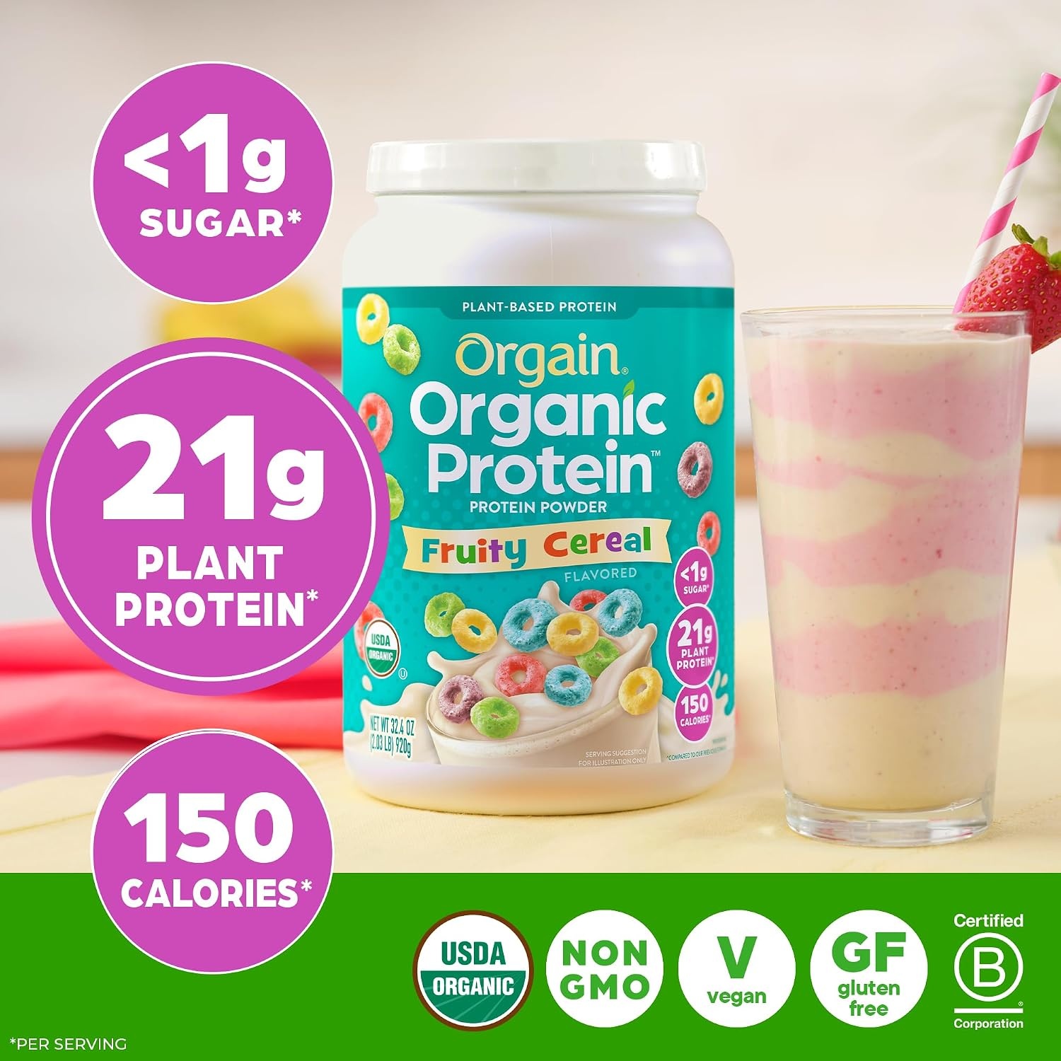 image:imageOrgain Organic Vegan 21g Protein Powder Birthday Cake 102 lbFruity Cereal
