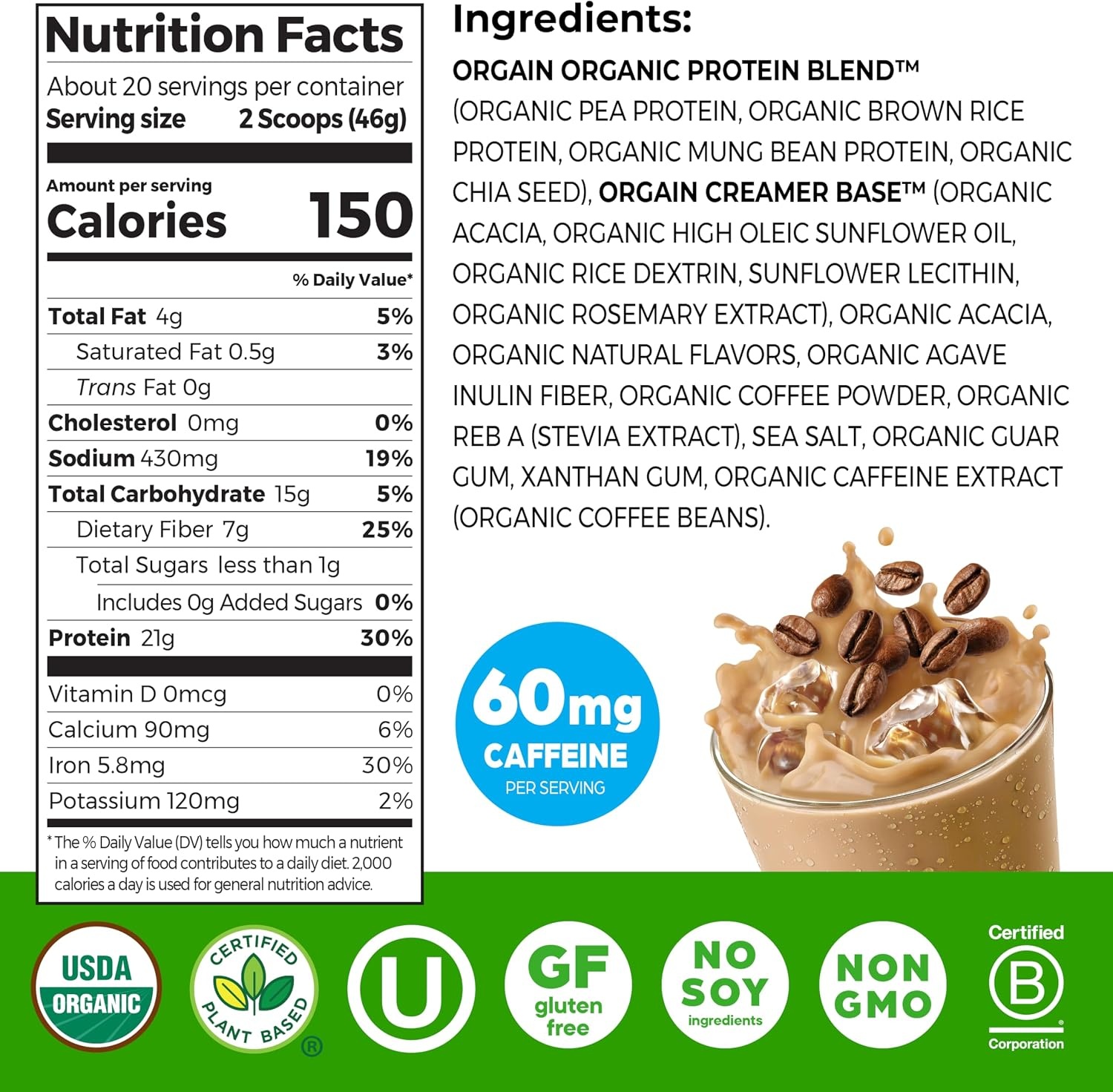 image:imageOrgain Organic Vegan 21g Protein Powder Birthday Cake 102 lbIced Coffee