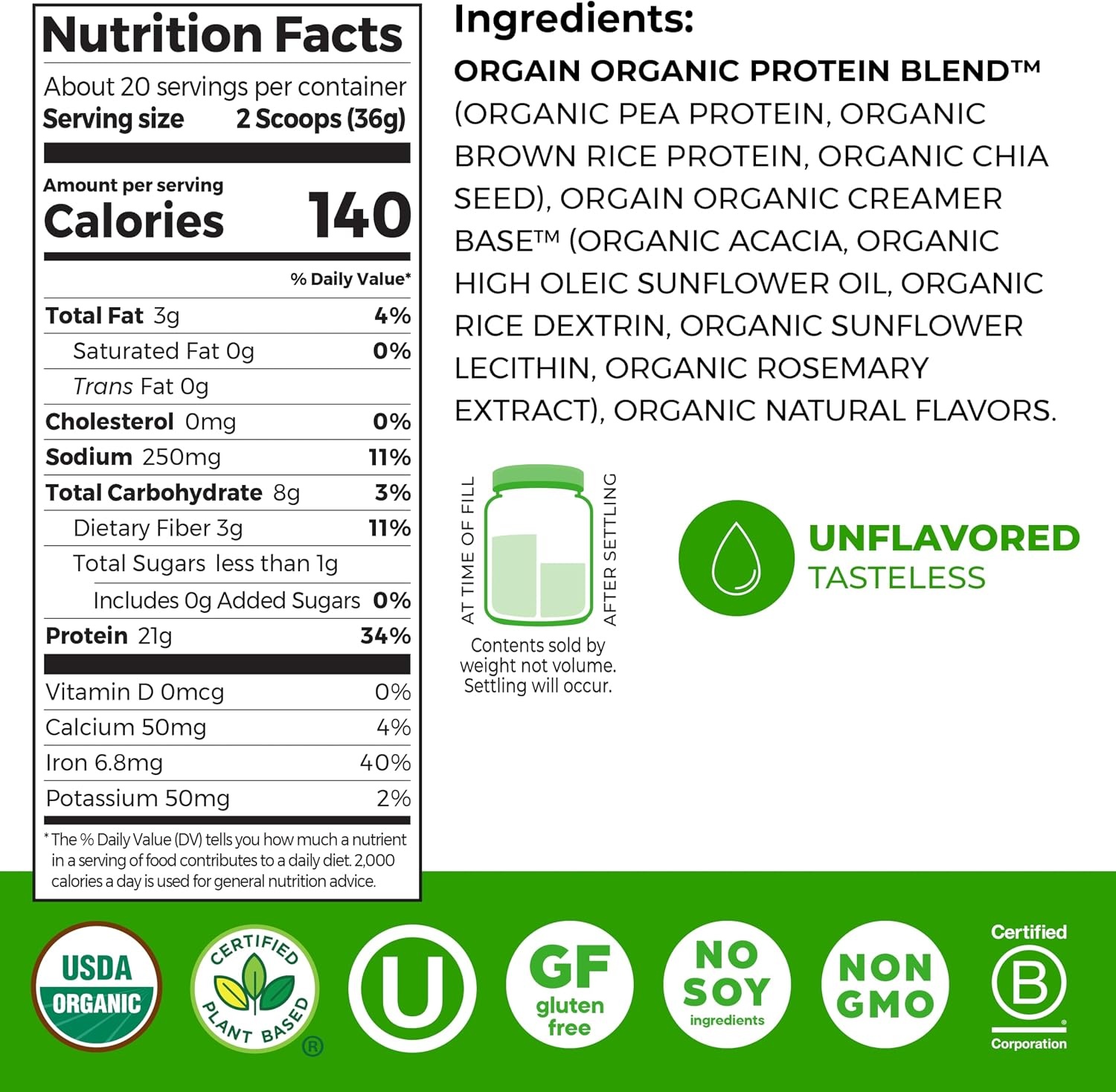image:imageOrgain Organic Vegan 21g Protein Powder Birthday Cake 102 lbNatural Unsweetened
