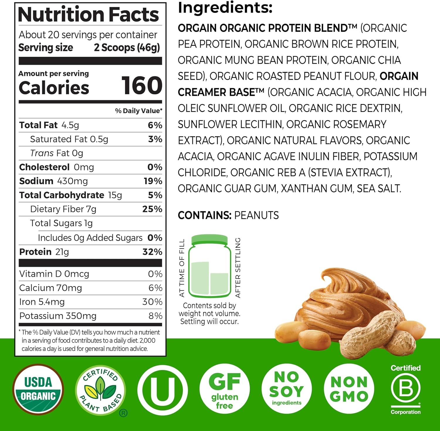 image:imageOrgain Organic Vegan 21g Protein Powder Birthday Cake 102 lbPeanut Butter
